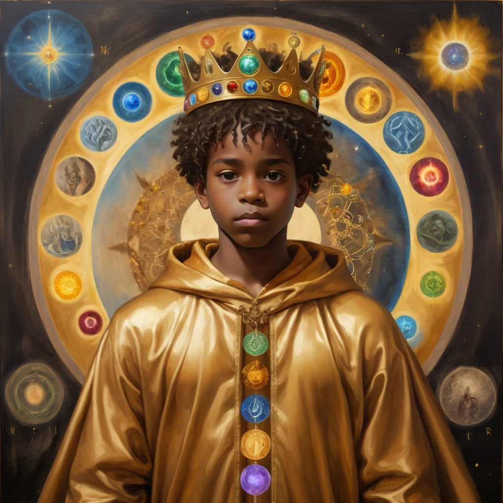 black boy with his back, shorth hair, with a crown on his head and a cedar, with a golden cloak with the 7 chakras, luxurious setting, and with art and beautiful elements. He looks and beholds the coosmic golden celestial realms, with astrology elements, renaissance painting, oil painting inspired by leonardo da vinci. 