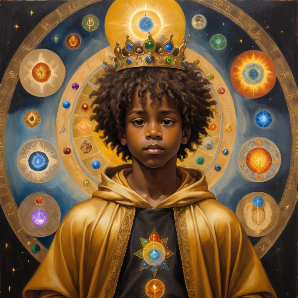 black boy with his back, shorth hair, with a crown on his head and a cedar, with a golden cloak with the 7 chakras, luxurious setting, and with art and beautiful elements. He looks and beholds the coosmic golden celestial realms, with astrology elements, renaissance painting, oil painting inspired by leonardo da vinci. 