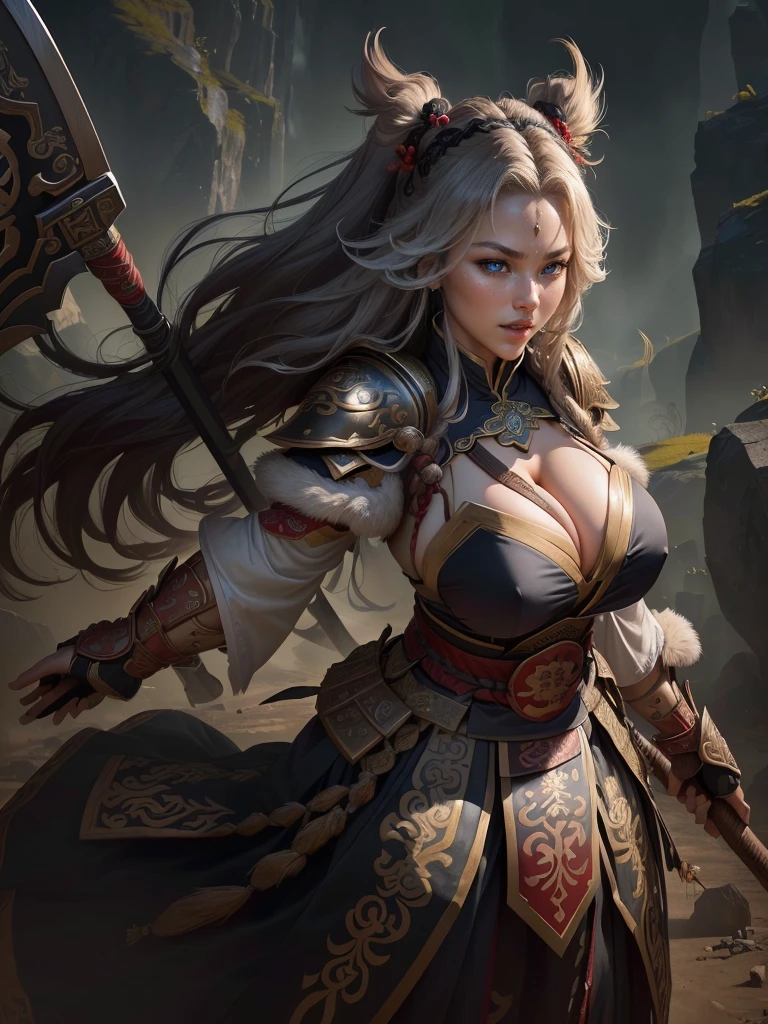 a woman with a large axe and a feathered head, inspired by Hu Zaobin, berserker potrait, guan yu, bian lian, sun wukong, mongol, inspired by Huang Shen, inspired by Li Gonglin, tai warlord, inspired by Wu Bin, wukong, inspired by Li Kan, naranbaatar ganbold, Highly detailed CG unit 8k wallpaper, masterpiece, High resolution, highest quality, highest quality real texture skin, Super Real, Digital Painting, Best image quality, 最High resolution, 8k, ((Highly detailed eyes and face, Beautiful eyes every detail)), 1girl, Full Body Shot, Saggy breasts, Gravity-dependent breasts, long chest, Heavy chest, disproportionate breasts, huge breasts, sagging breasts, gigantic breasts, erect nipple, Cleavage cut out, Look away, Gazing into the distance, ((open your mouth wide, stick out tongue, ahegao)), (evil smile, madness),