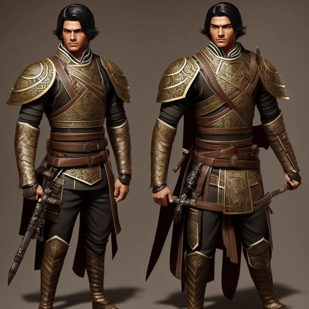 Create a muscular swordsman boy, attractive, black hair with Mexican features with brown skin, a military suit inspired by pre-Hispanic clothing. All in a style as if it were a genshin impact character