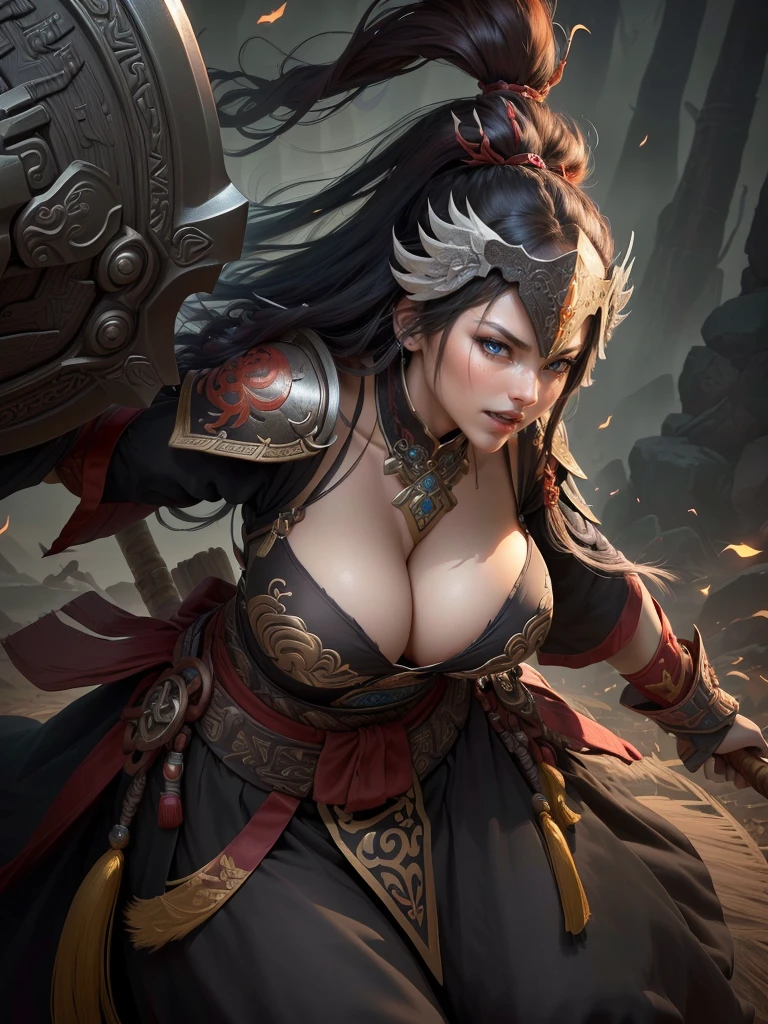 a woman with a large axe and a feathered head, inspired by Hu Zaobin, berserker potrait, guan yu, bian lian, sun wukong, mongol, inspired by Huang Shen, inspired by Li Gonglin, tai warlord, inspired by Wu Bin, wukong, inspired by Li Kan, naranbaatar ganbold, Highly detailed CG unit 8k wallpaper, masterpiece, High resolution, highest quality, highest quality real texture skin, Super Real, Digital Painting, Best image quality, 最High resolution, 8k, ((Highly detailed eyes and face, Beautiful eyes every detail)), 1girl, Full Body Shot, Saggy breasts, Gravity-dependent breasts, long chest, Heavy chest, disproportionate breasts, huge breasts, sagging breasts, gigantic breasts, erect nipple, Cleavage cut out, Look away, Gazing into the distance, ((open your mouth wide, stick out tongue, ahegao)), (evil smile, madness),