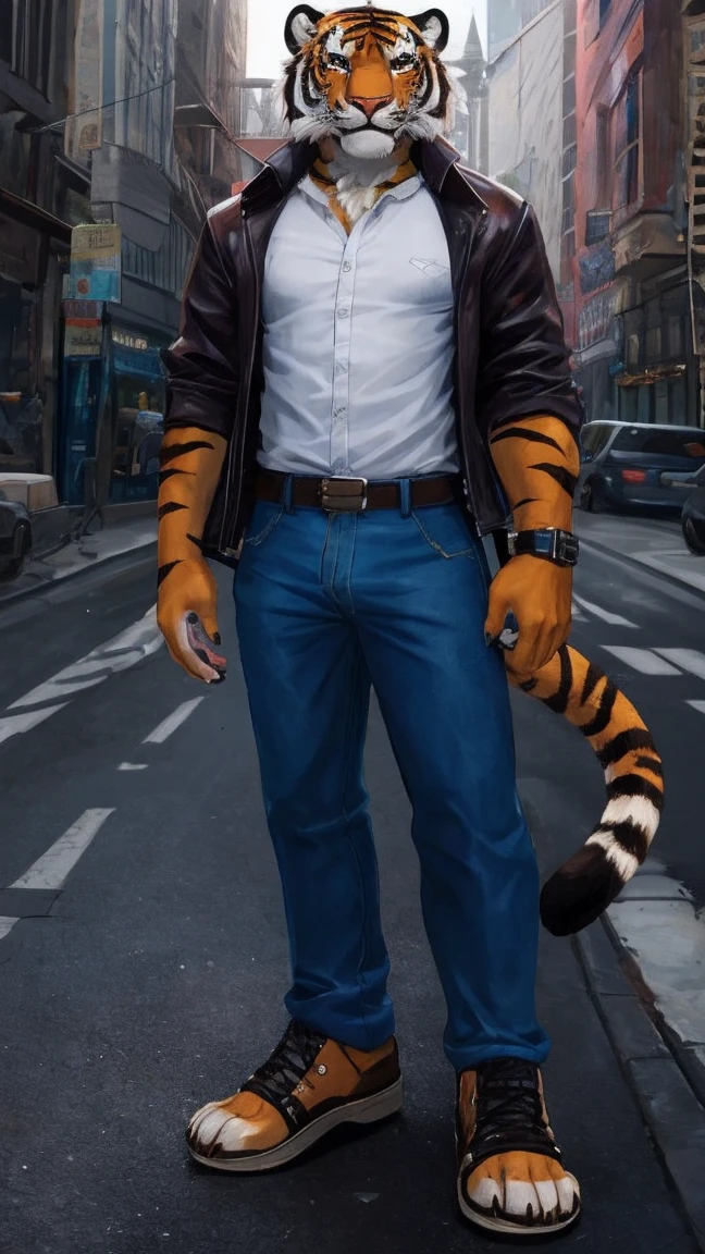 Clarity,Exquisite,Top technology,Single photo,tiger,male,Golden Eyes,Facing the camera,Cold expression,juvenile,Street gangsters,White vest,jeans,White socks,Black sandals,Bandage on wrist,cute,How
