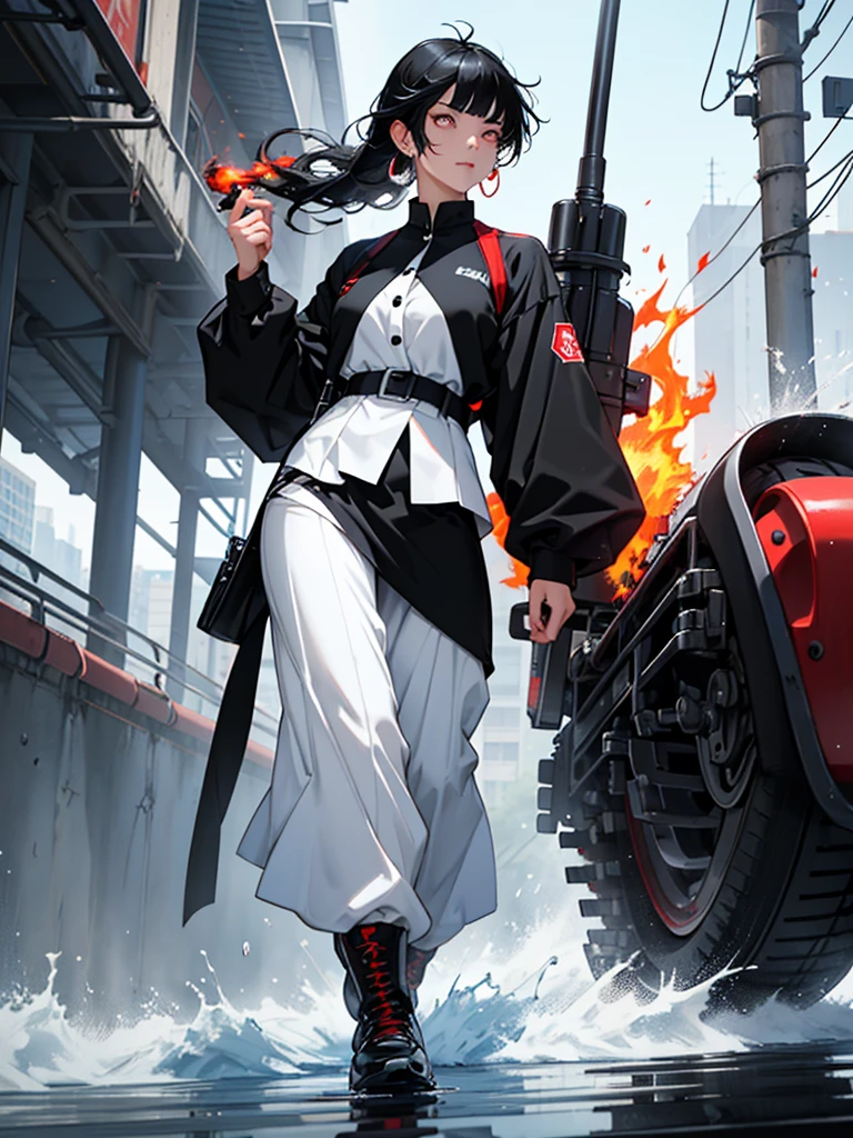 One with black blue hair, white and black hair, eyes, better mouth, red nose, beautiful clothes, black blouse and the white and black cause, behind her there is fire and water, she has firepower with water, she has a beautiful animal, she is standing on her shoe and black and white she has grid earrings she has black and white bangs