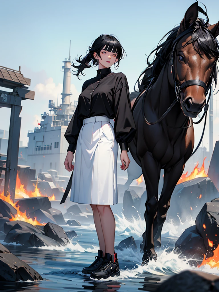 One with black blue hair, white and black hair, eyes, better mouth, red nose, beautiful clothes, black blouse and the white and black cause, behind her there is fire and water, she has firepower with water, she has a beautiful animal, she is standing on her shoe and black and white she has grid earrings she has black and white bangs