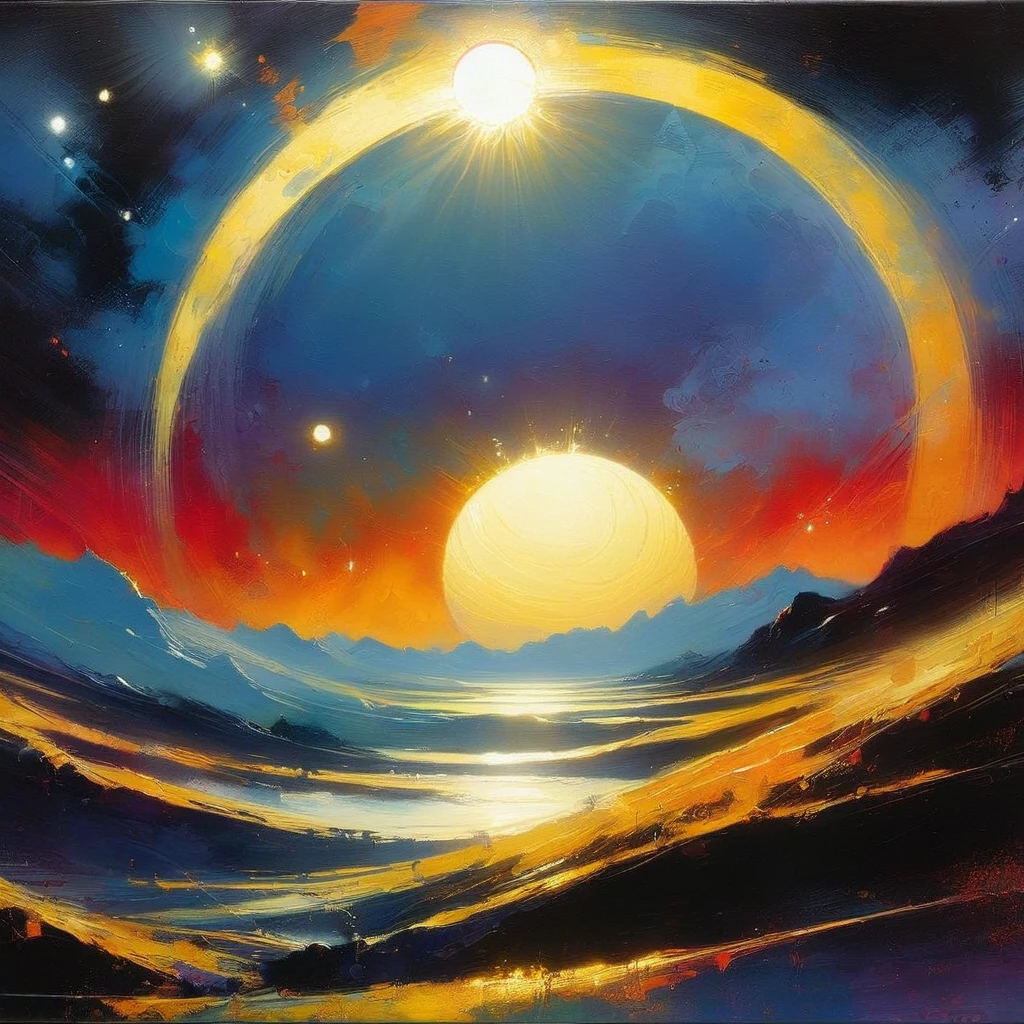 the sun against the moon, (art inspired by Bill Sienkiewicz). oil painting)