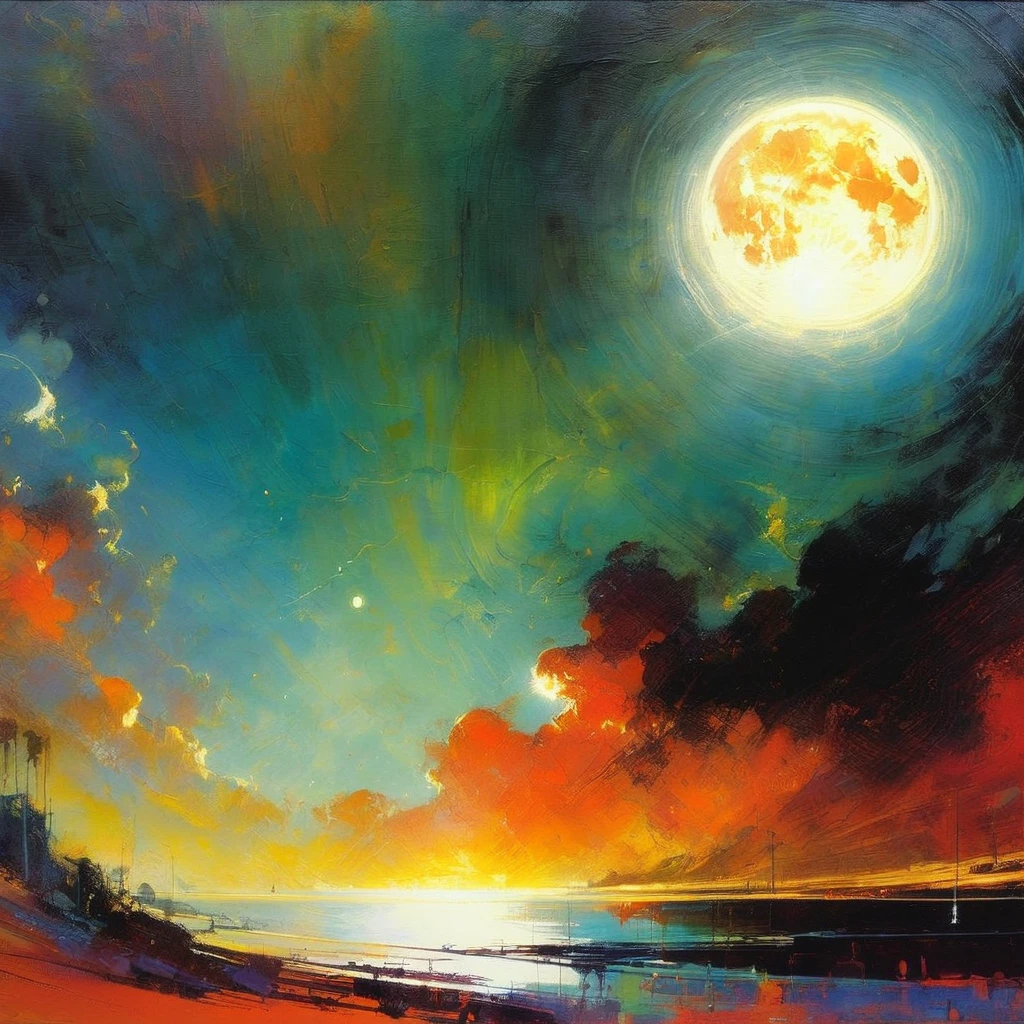 the sun against the moon, (art inspired by Bill Sienkiewicz). oil painting)