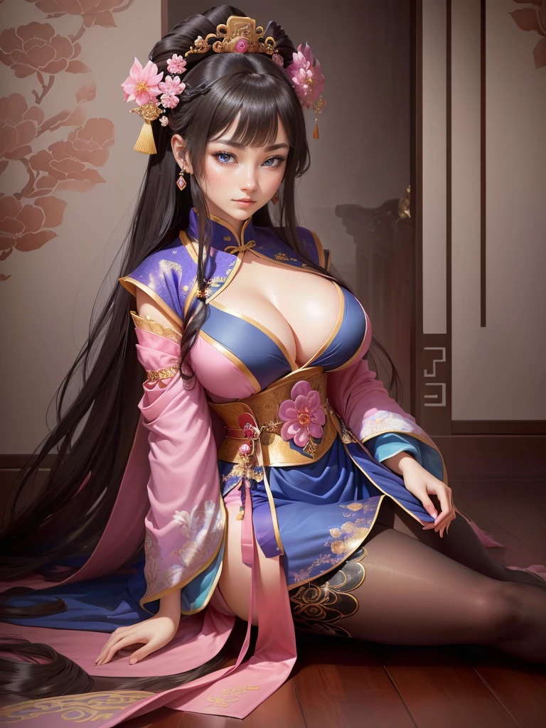 Painting of a woman in a pink and blue dress, Beautiful Fantasy Empress, ancient Chinese Princess, Beautiful character drawings, Chinese Princess, palace, Girl in Han Dress, Princess of an ancient Asian dynasty, Ancient Chinese Beauties, Inspired by Run In, Beautiful and attractive anime woman, Beautiful Fantasy Empress, Beautiful renderings of the Tang Dynasty, Beautiful oriental woman, Empress of China, Highly detailed CG unit 8k wallpaper, masterpiece, High resolution, highest quality, highest quality real texture skin, Super Real, Digital Painting, Best image quality, 最High resolution, 8k, ((Highly detailed eyes and face, Beautiful eyes every detail)), (wariza, seiza, from front, girl sitting, sit at a floor), huge breasts, gigantic breasts, disproportionate breasts, huge breasts, gigantic breasts,