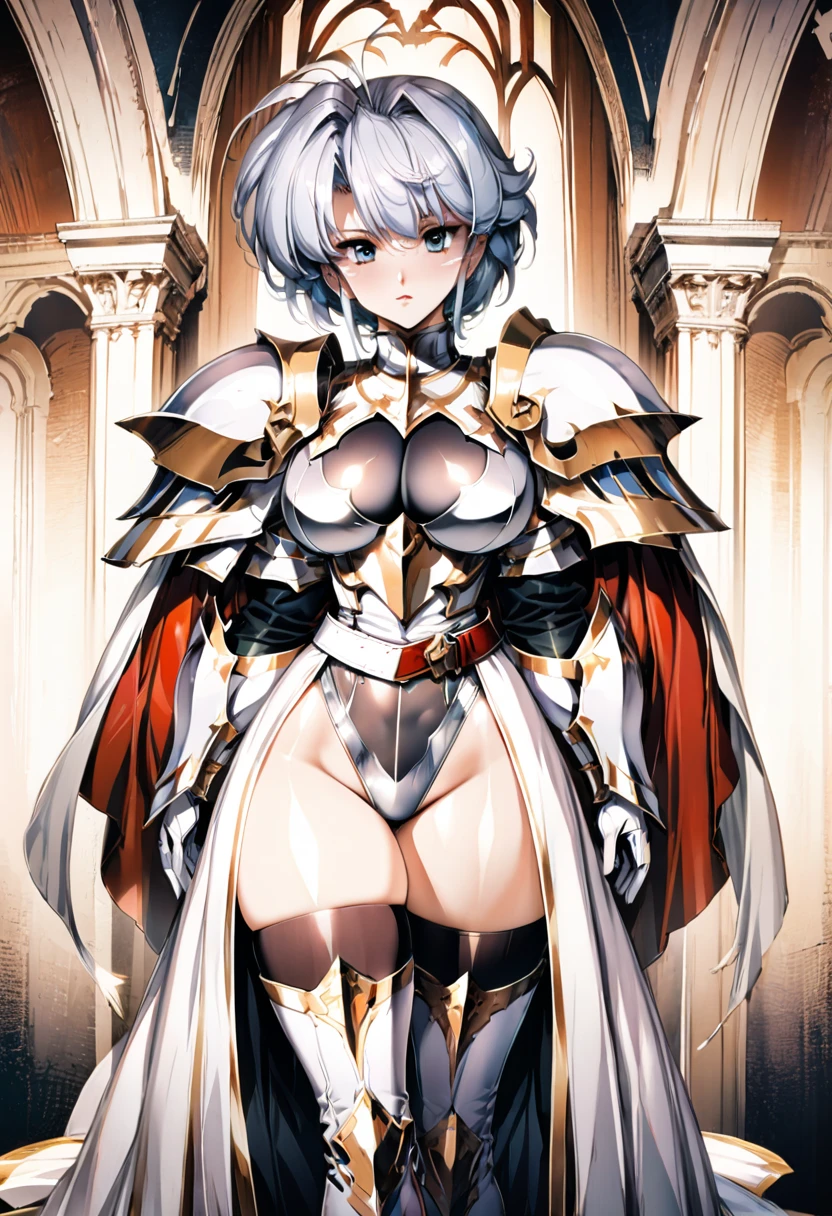 ((highest quality)), ((masterpiece)), ((hyperrealistic)), (detailed background), 1girl, ((curvy: 1.2)), Langrisser, ((silver lamé leotard: 1.5)), ((catsuit)), ((white paladin armor: 1.3)), ((long skirt)), ((armored dress)), cloak de cour, gauntlet, gloves, belt, silver hair, ahoge, (huge breasts), (see-through cleavage cutout), (zettai ryouiki armored thigh high boots), (thighs), beautiful eyes, perfect face, Perfect hands, perfect fingers,