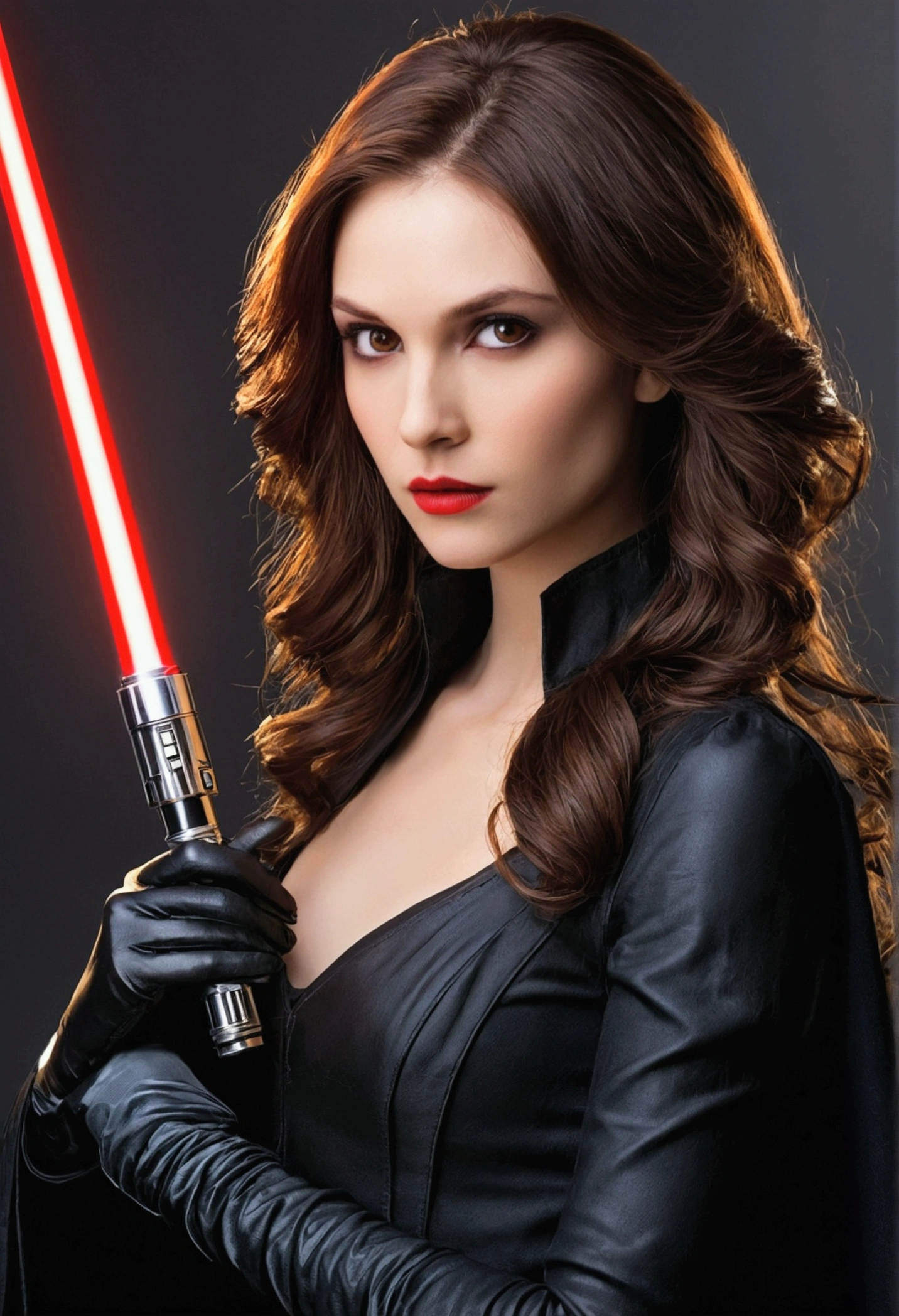Create a woman with long, brown hair that has a natural shine that reflects sunlight. Your eyes are delicate like an almond, an intense brown with an intense shine. Your skin is pale and smooth, possessing a touch of delicacy. Your strong, defined jawline, has a slender and elegant body wearing long black long-sleeved clothing and leather gloves on his hands. She is a vampire and holds a red lightsaber