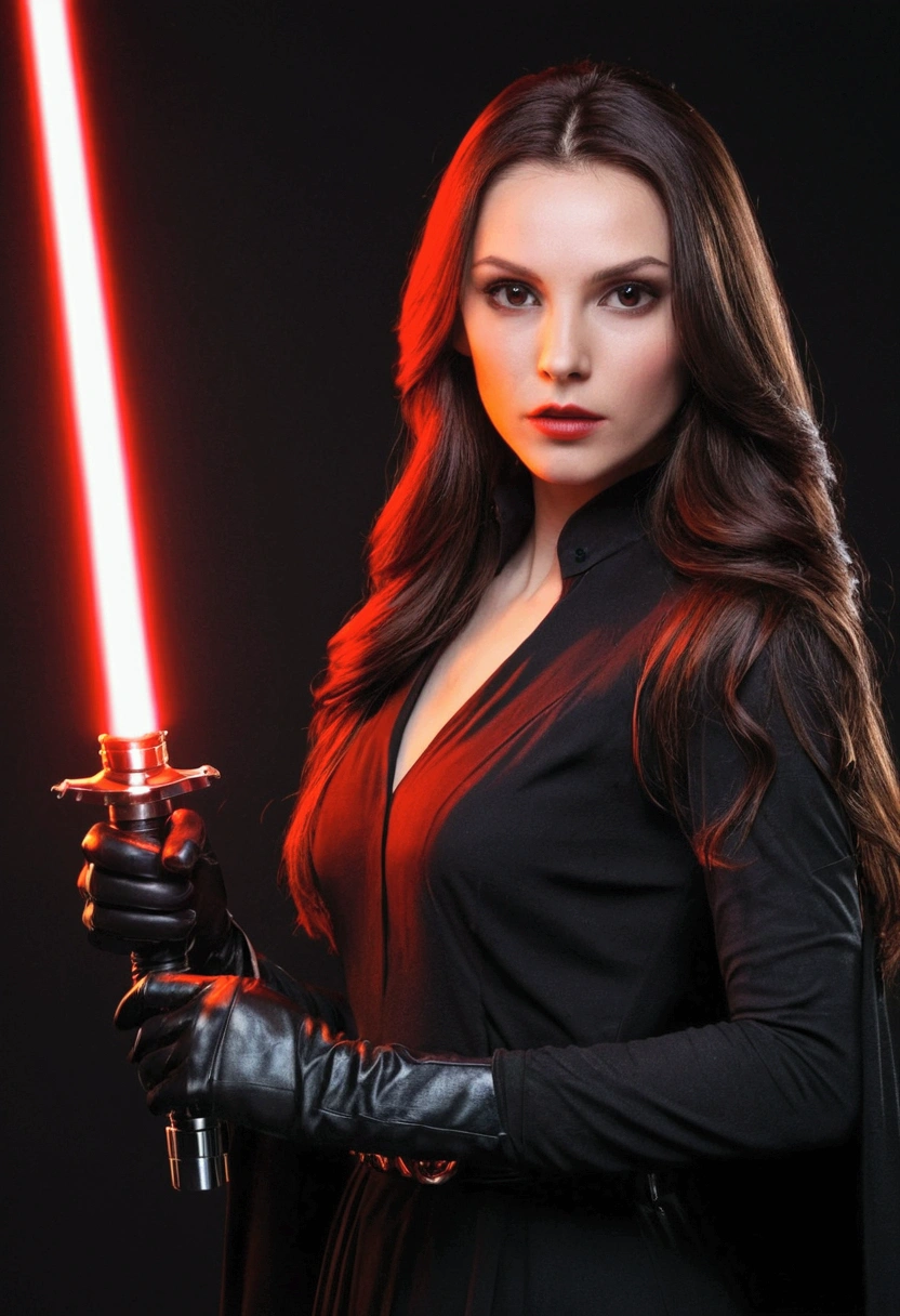 Create a woman with long, brown hair that has a natural shine that reflects sunlight. Your eyes are delicate like an almond, an intense brown with an intense shine. Your skin is pale and smooth, possessing a touch of delicacy. Your strong, defined jawline, has a slender and elegant body wearing long black long-sleeved clothing and leather gloves on his hands. She is a vampire and holds a red lightsaber