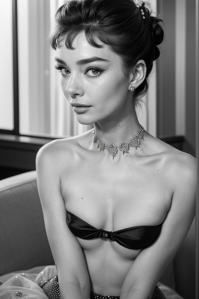 ((best quality, exceptional visual quality)), ((better skin texture, premium material)), ((upper body portrait)), (a hollywood starlet, similar to audrey hepburn, sex symbol darling), the actress who got the role of holly golightly for the remake of breakfast at tiffany's because of her good looks reminiscent of audrey hepburn, short hair, short bangs, (eye makeup, eyeliner), strapless bustier