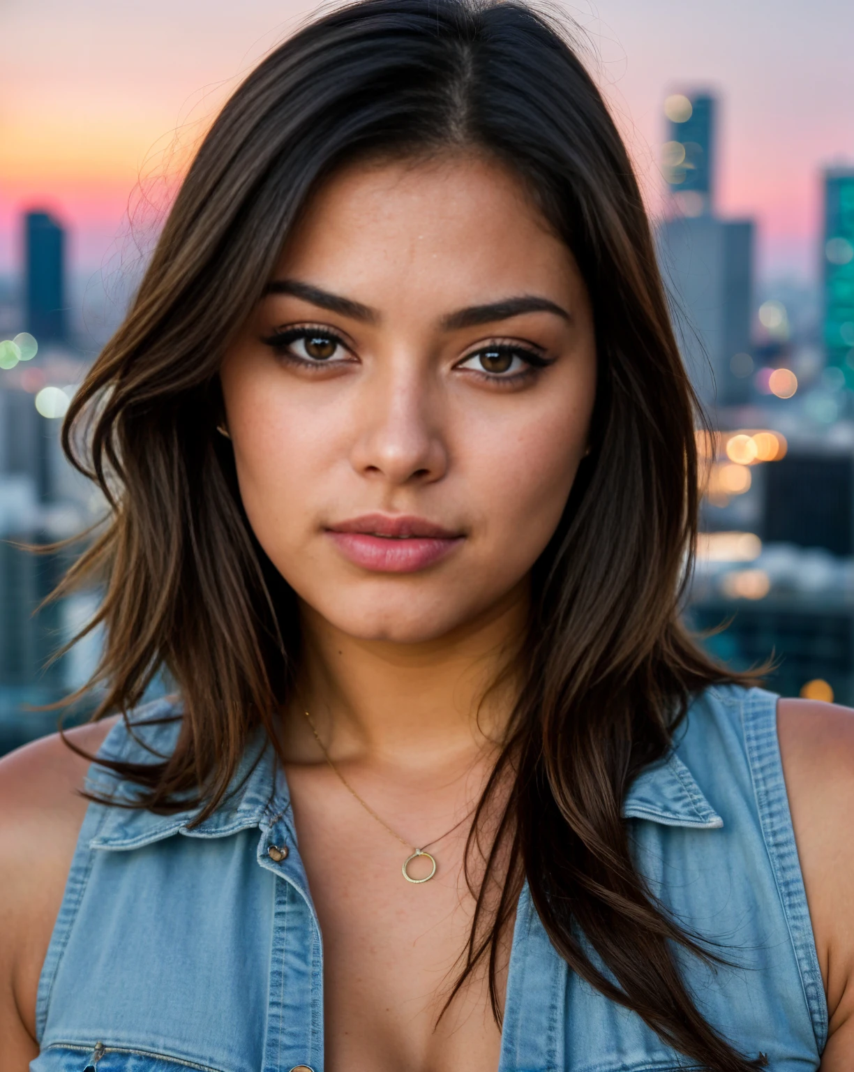 portrait photo of a beautiful curvy brunette Mexican supermodel. portrait photo of a beautiful curvy young woman, with a seductive look (pursed lips) with arms spread. she has large breasts. overlooking Miami in the background at night. (sexy yellow and red cut-off button down shirt) hyperrealistic, stunning, attractive, pretty, cute, feminine, perfect face. (high detailed skin:1.2), 8k uhd, dslr, soft lighting, high quality, film grain, Fujifilm XT3, (establishing shot:1.5), perfect hand. shallow depth of field, vignette, highly detailed, high budget, bokeh, cinemascope, moody, epic, gorgeous, film grain, grainy, Extremely Realistic, photo r3al, perfect eyes, more saturation, inst4 style, no blemishes, neon lite background (close-up face photo). absolute cleavage.
