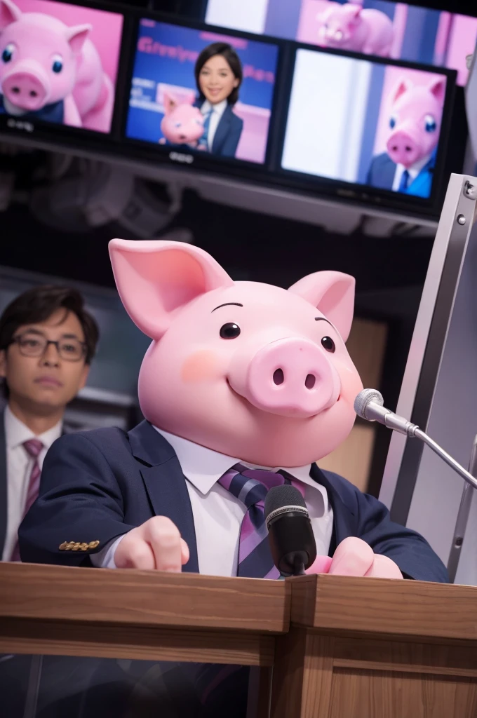The news anchor is a pink pig front Animated