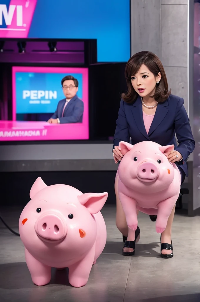 The news anchor is a pink pig front Animated