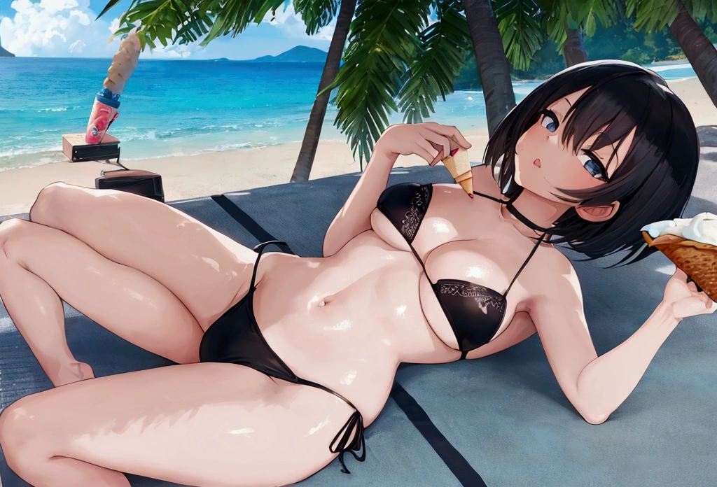 Anime girl with short white hair, wearing a sexy black mini bikini, laying down on a beach and eating an ice cream on a sunny summer day, photographed from a low camera angle, surrounded by a stunning landscape.
