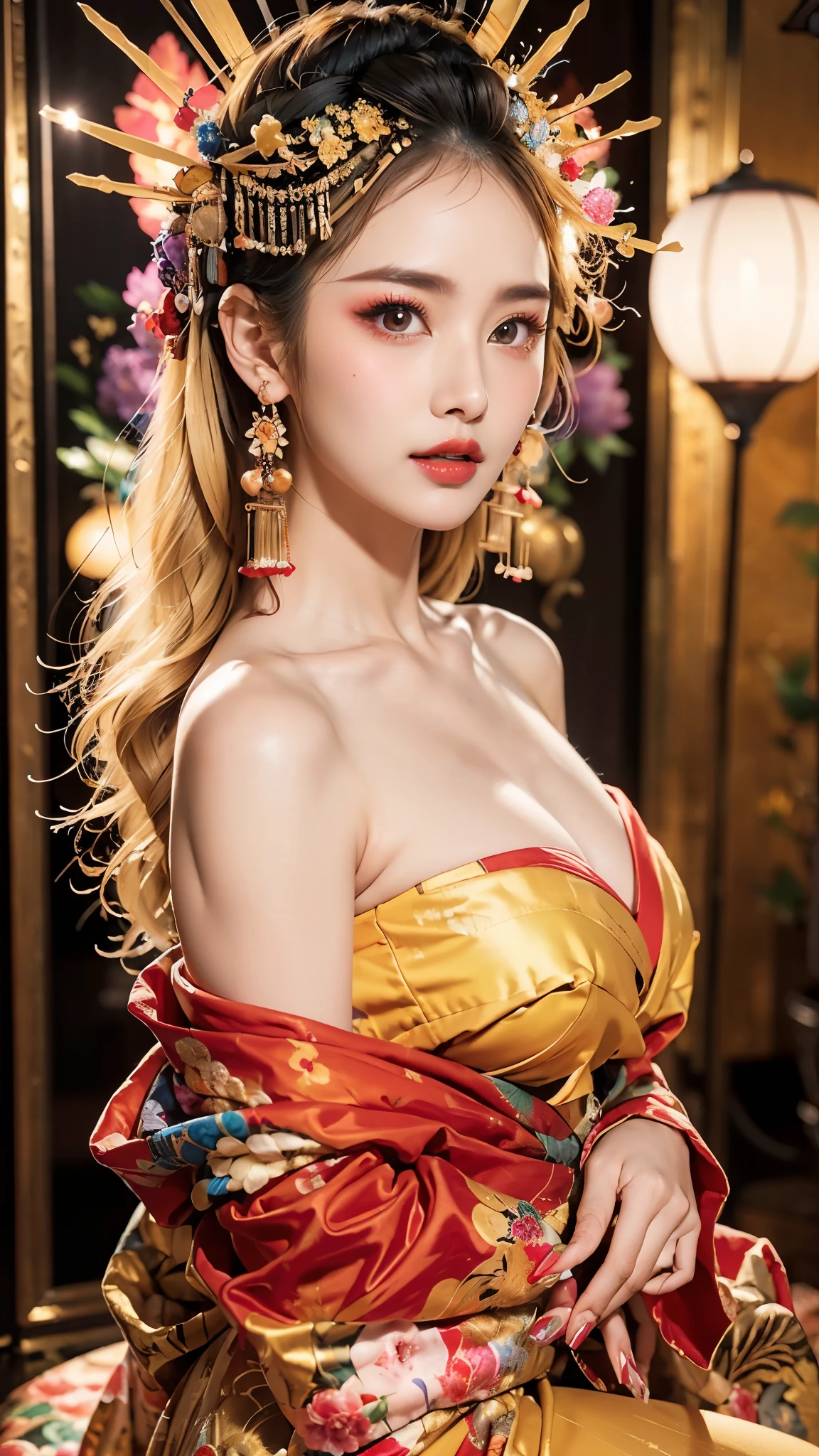 16K quality、Highest quality、masterpiece、High resolution、Real photo、 超High resolution、(((Long Shot、Full body portrait)))、((膝を立てて座っているかわいいBlondeの着物美女))、((Japanese-style room、Luxurious Japanese style room))、(A colorful, lustrous purple and red silk kimono)、(Off-the-shoulder kimono、Exposing the chest)、((Sitting with knees raised and legs apart))、(((Blonde:1.5)))、 ((Blondeのアップヘアスタイル))、((Gorgeous hair ornament))、Shiny earrings、((blue eyes))、(((Stargazing、Open your mouth)))、 (((Ecstatic facial expression、A face full of pleasure、Climax、Drooping eyebrows and corners of the eyes)))、Embarrassing、Beautiful legs、(Big eyes、No makeup、Very beautiful and subtle makeup, Light makeup,)、Perfect body、Perfect hands、Perfect Fingers、Detailed and beautiful thin lips、A clear, beautiful face and well-proportioned eyes、Highly detailed eyes and face、Long eyelashes、double eyelid、A neat nose、Thin eyebrows、Border Light、Realistic Light、 Cute round face, Plump thighs、Accentuate your thighs、Hairstyle with bangs、Slender body、slim、Light-reflecting skin、Model body type、８Head to Body、Low - Angle、The light reflected in your eyes、Smaller face、Lip gloss、Looking away、Background blur、Movie lighting from the front、Light on face