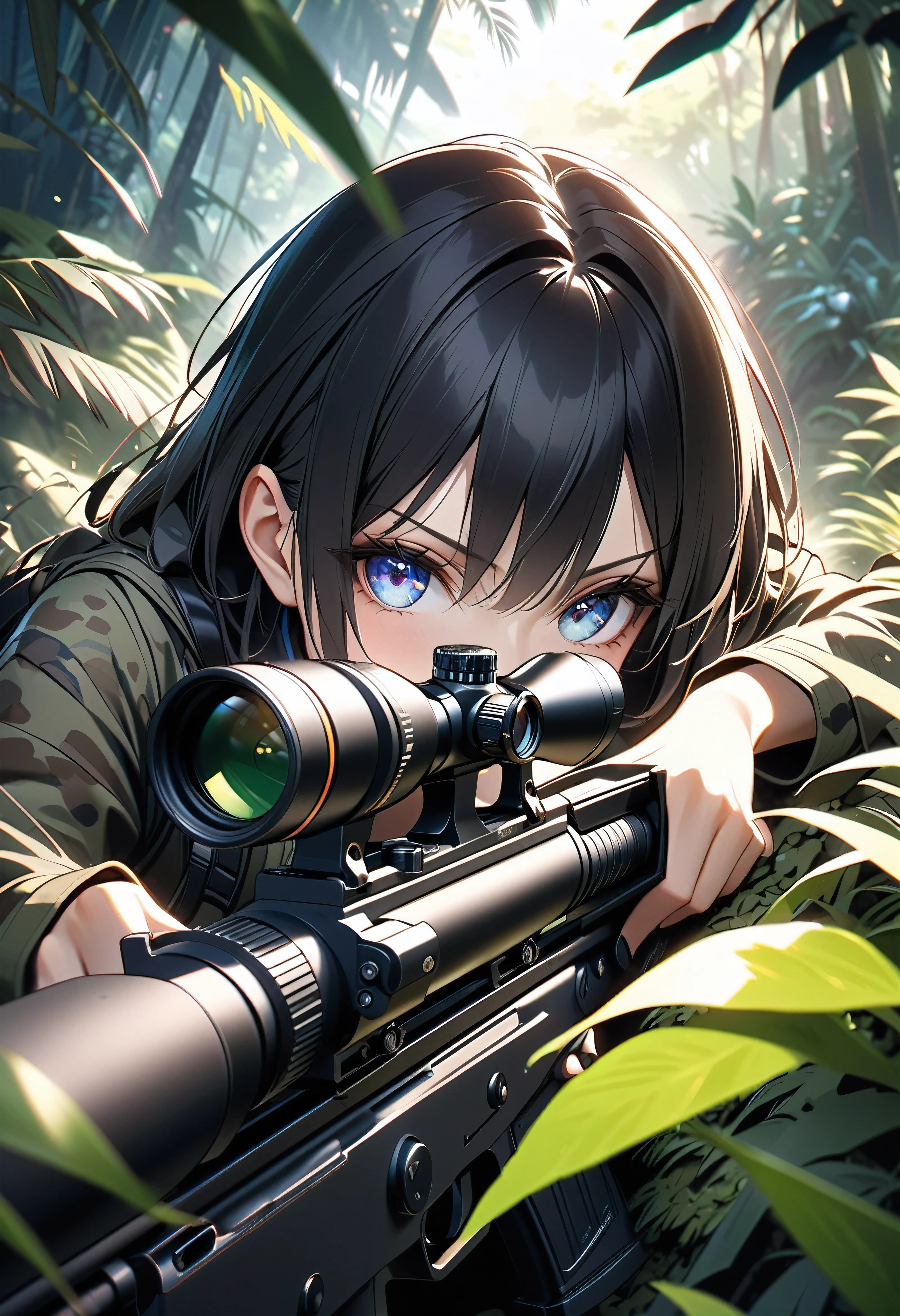 A gun aimed at the viewer, A female sniper hiding in the thickets of the jungle, Prone precision shooting,
BREAK Tight combat uniform, Camouflage, Alluring cleavage, Stealth action that blends into the bush,
BREAK gun muzzle pointed at viewer, Feminine charm depicted with absolute aesthetics, A silent jungle filled with tension, The hearts of viewers are shot through by the gun's aim,
BREAK: Attractive eyes glaring at the viewer, Prone shooting that emphasizes the attractiveness of the breasts, gun muzzle pointed at viewer, A dynamic perspective with a sense of tension,
BREAK, Detailed and precise, High-powered sniper rifle aimed at viewers, Attention to detail,
BREAK Targeting your audience, Aesthetic Eyes Looking Through a Rifle Scope, Ultra-detailed and intricate textures,
BREAK: Ruthless eyes that pursue the ultimate aesthetic, Point the muzzle at us, An extreme view of the inside of a gun barrel,
BREAK Detailed and attractive skin texture, Extremely accurate shooting position, A realistic and tense sniper moment, The ultimate aesthetic,
BREAK Professional spray work, Extremely detailed and intricate brushwork, Detailed and clear depiction, Absurd aesthetics,
BREAK Simply Beautiful, A dark background that makes the subject stand out, Dramatic light and shadow, Cinematic lighting that aesthetically enhances the subject,
BREAK Highest quality, Highest Resolution, Optimized Octane Rendering, super retina vision,
