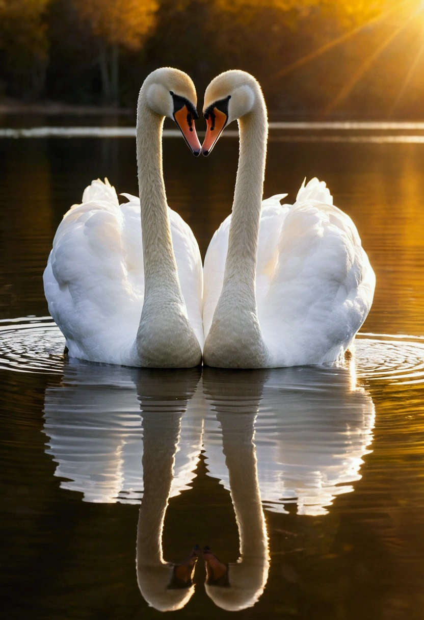 Two swans, um branco e um preto, swim side by side in a peaceful lake. Their long, elegant necks curve toward each other, forming together the shape of a perfect heart. O sol brilha intensamente, reflecting its golden rays on the crystal clear surface of the water, creating a scene of rare beauty and harmony.