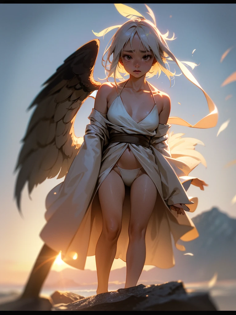 (Sumilux f1.4 24mm , low Latitude old color negative film , cross process , bokeh, flare, chromatic aberration , soft focus, (Shallow focus) , soft glow , Maximum aperture, High Key , Transparent depiction) , Wide angle , anime Harpy girl , kawaii round face , skinny body , Loose-fitting Halter neck , Many feathers fluttering down , looking away , clothed erotica , Opera singer pose , on the The peak of the rock , Strong winds , show off Cloaca , splash White excrement