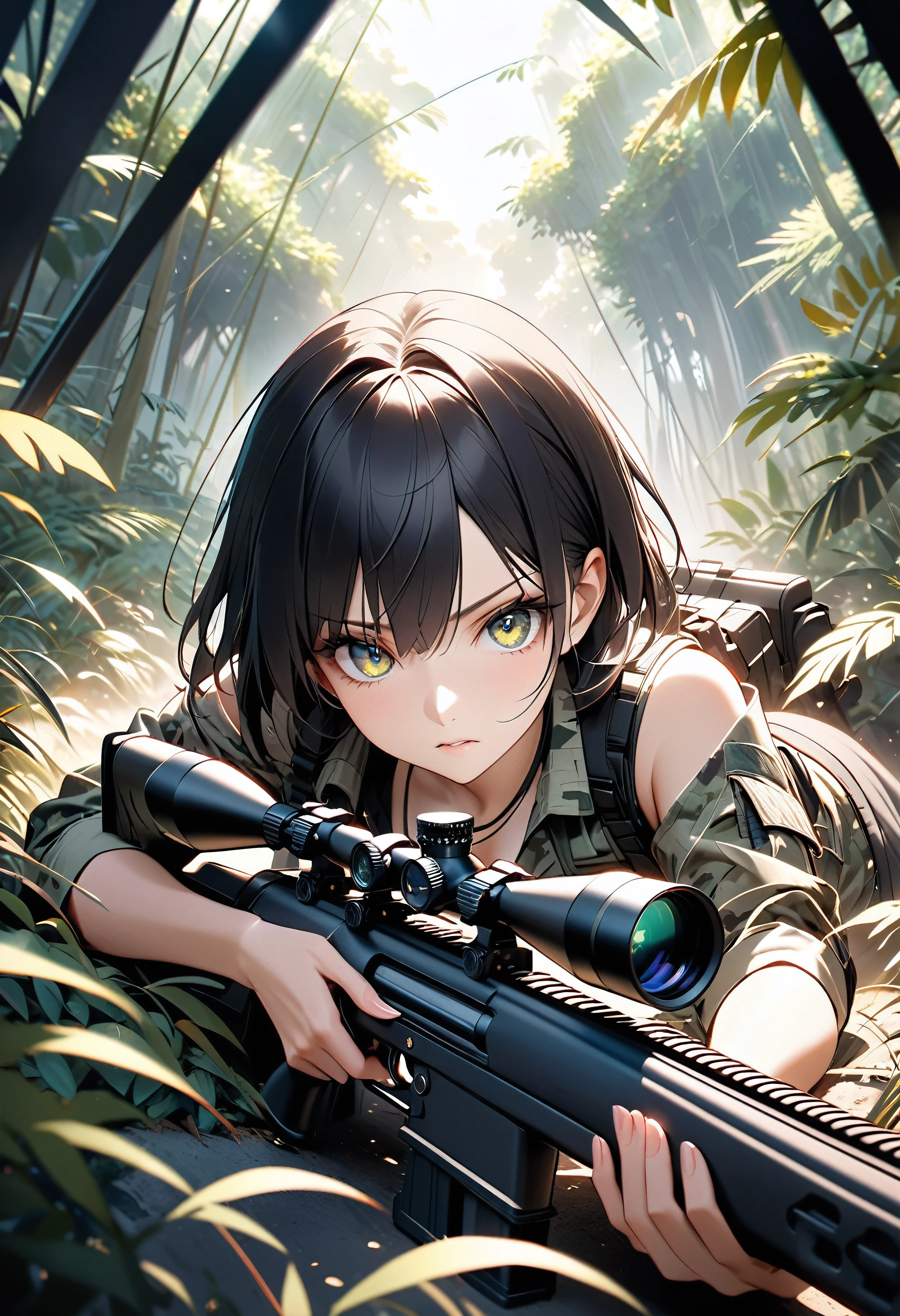 A gun aimed at the viewer, A female sniper hiding in the thickets of the jungle, Prone precision shooting, 
BREAK Tight combat uniform, Camouflage, Alluring cleavage, Stealth action that blends into the bush, Anatomically correct sniper motion, 
BREAK gun muzzle pointed at viewer, Feminine charm depicted with absolute aesthetics, A silent jungle filled with tension, The hearts of viewers are shot through by the gun&#39;s aim, 
BREAK: Attractive eyes glaring at the viewer, Prone shooting that emphasizes the attractiveness of the breasts, gun muzzle pointed at viewer, A dynamic perspective with a sense of tension, 
BREAK, Detailed and precise, High-powered sniper rifle aimed at viewers, Attention to detail, 
BREAK Targeting your audience, Aesthetic Eyes Looking Through a Rifle Scope, Ultra-detailed and intricate textures, 
BREAK: Cold, ruthless eyes that pursue ultimate clarity, Point the muzzle at us, An extreme view of the inside of a gun barrel, 
BREAK Detailed and attractive skin texture, Extremely accurate shooting position, A realistic and tense sniper moment, The ultimate aesthetic, 
BREAK Professional spray work, Extremely detailed and intricate brushwork, Detailed and clear depiction, Absurd aesthetics, 
BREAK Simply Beautiful, A dark background that makes the subject stand out, Dramatic light and shadow, Cinematic lighting for dramatic subject emphasis, A fusion of aesthetics and impact, 
BREAK Highest quality, Highest Resolution, Optimized Octane Rendering, super retina vision, 