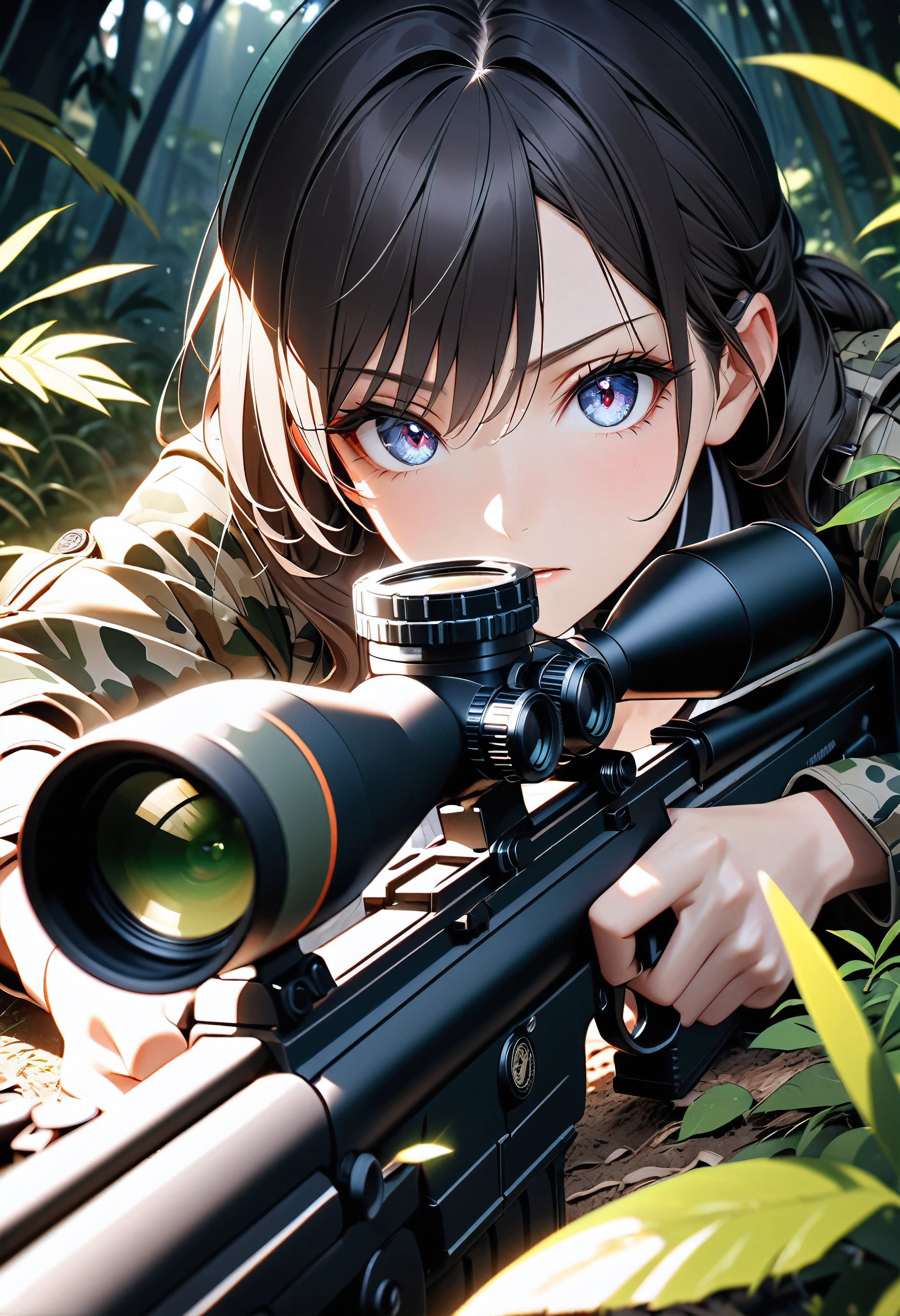 A gun aimed at the viewer, A female sniper hiding in the thickets of the jungle, Prone precision shooting, 
BREAK Tight combat uniform, Camouflage, Alluring cleavage, Stealth action that blends into the bush, Anatomically correct sniper motion, 
BREAK gun muzzle pointed at viewer, Feminine charm depicted with absolute aesthetics, A silent jungle filled with tension, The hearts of viewers are shot through by the gun&#39;s aim, 
BREAK: Attractive eyes glaring at the viewer, Prone shooting that emphasizes the attractiveness of the breasts, gun muzzle pointed at viewer, A dynamic perspective with a sense of tension, 
BREAK, Detailed and precise, High-powered sniper rifle aimed at viewers, Attention to detail, 
BREAK Targeting your audience, Aesthetic Eyes Looking Through a Rifle Scope, Ultra-detailed and intricate textures, 
BREAK: Cold, ruthless eyes that pursue ultimate clarity, Point the muzzle at us, An extreme view of the inside of a gun barrel, 
BREAK Detailed and attractive skin texture, Extremely accurate shooting position, A realistic and tense sniper moment, The ultimate aesthetic, 
BREAK Professional spray work, Extremely detailed and intricate brushwork, Detailed and clear depiction, Absurd aesthetics, 
BREAK Simply Beautiful, A dark background that makes the subject stand out, Dramatic light and shadow, Cinematic lighting for dramatic subject emphasis, A fusion of aesthetics and impact, 
BREAK Highest quality, Highest Resolution, Optimized Octane Rendering, super retina vision, 