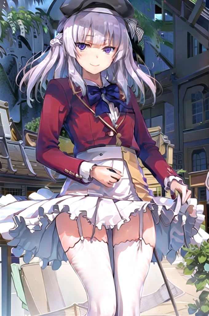 Masterpiece,Best Quality,very aesthetic,absurdities,high resolution,beautiful background,perfect anatomy,Perfect eyes,perfect and detailed face,1 girl,Alone, Sakayanagi, 1 girl, blunt bangs, by white, purple hair, purple eyes,killed, , Red jacket, collar shirt, bow tie, White skirt,white thighs,garter straps,garter belt,light smile,Upper part of the body,fountain_cheered up, screenshots,playing chess