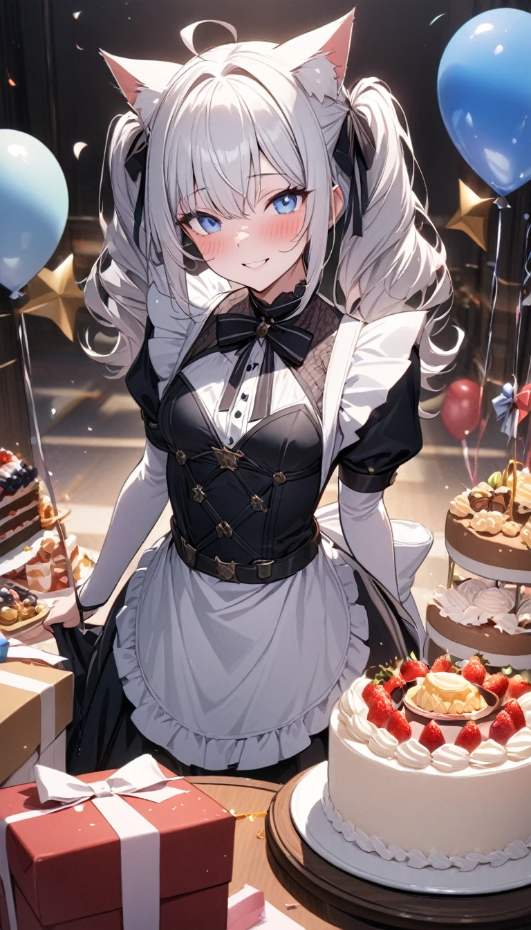 (((best quality)), ((masterpiece)), (details), masterpiece, best quality, high quality, ulutra detailed, perfect face, ((1girl, blue eyes, cat ears: 1.3 silver hair: 2.5,)) 、Shiny Hair、Glowing Skin、blush、Lustful look、smile、Maid clothes、Short Twin Tails、Small breasts、3Tiered whole cake、celebration、Cakes, sweets, snacks and fruits lined up on the table、celebrationパーティー、A background with lots of presents and balloons