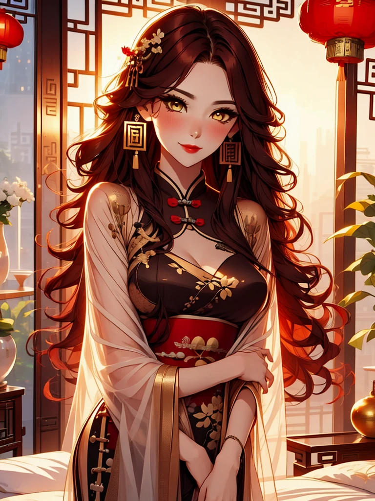 score_9, score_8_up, score_7_up, score_6_up, score_5_up, score_4_up, Xian Mei, golden eyes, red curly hair, tied hair, hair in a bun, hairpin, traditional Chinese red wedding hanfu dress, Yourqipao Red Embroidery Chinese Xiuhe Hanfu Women's Satin Cheongsam Ancient Traditional Chinese Bride , Wedding Dress, Long Dresses, long earrings, red lipstick, detailed eyes, traditional wear, sexy attractive, hot, traditional, smiling widely, happy, blushing, lotuses, sitting, chibi, cute, 