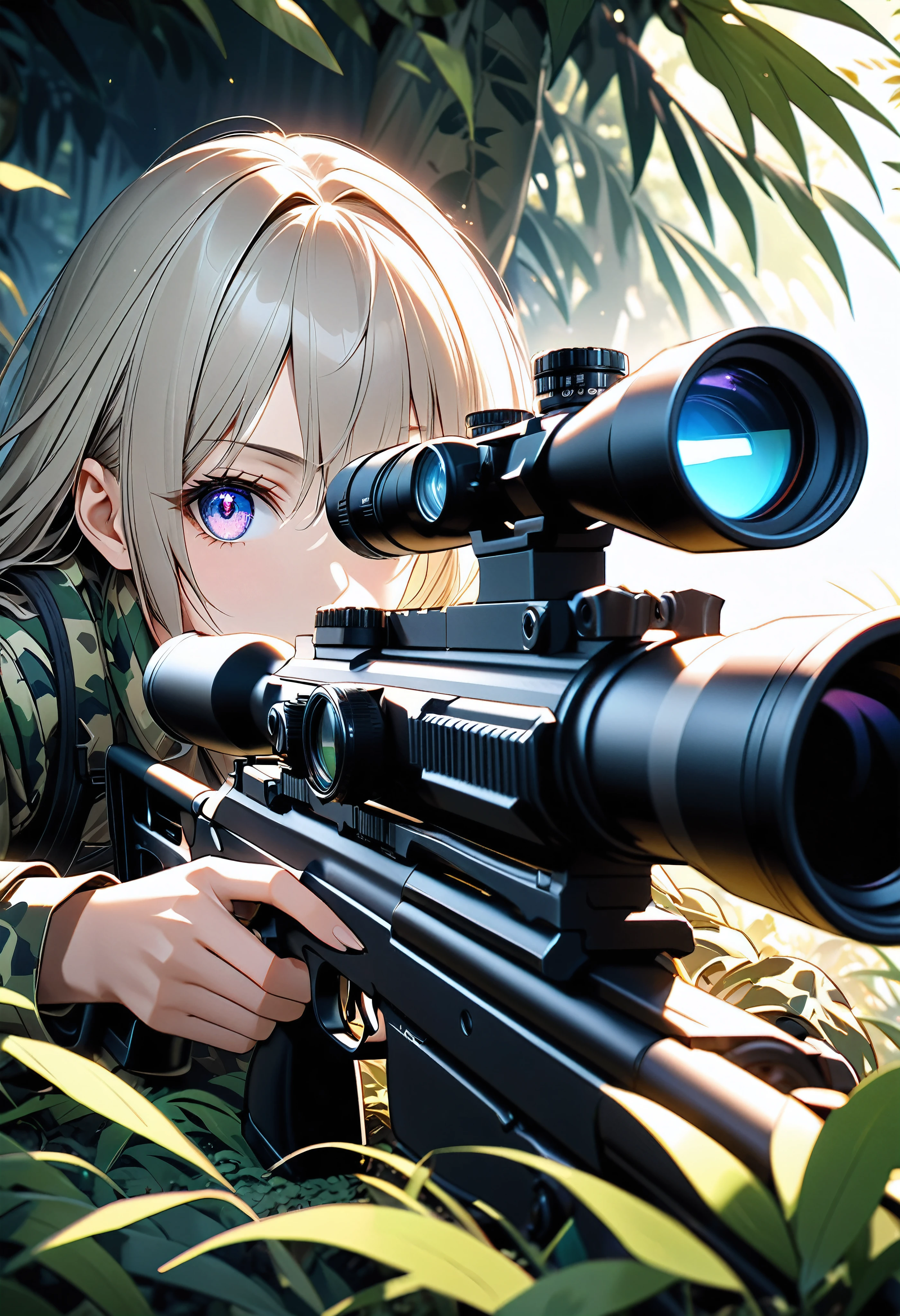A gun aimed at the viewer, A female sniper hiding in the thickets of the jungle, Prone precision shooting, 
BREAK Tight combat uniform, Camouflage, Alluring cleavage, Stealth action that blends into the bush, 
BREAK gun muzzle pointed at viewer, Feminine charm depicted with absolute aesthetics, A silent jungle filled with tension, The hearts of viewers are shot through by the gun&#39;s aim, 
BREAK: Attractive eyes glaring at the viewer, Prone shooting that emphasizes the attractiveness of the breasts, gun muzzle pointed at viewer, A dynamic perspective with a sense of tension, 
BREAK, Detailed and precise, High-powered sniper rifle aimed at viewers, Attention to detail, 
BREAK Targeting your audience, Aesthetic Eyes Looking Through a Rifle Scope, Ultra-detailed and intricate textures, 
BREAK: Ruthless eyes that pursue the ultimate aesthetic, Point the muzzle at us, An extreme view of the inside of a gun barrel, 
BREAK Detailed and attractive skin texture, Extremely accurate shooting position, A realistic and tense sniper moment, The ultimate aesthetic, 
BREAK Professional spray work, Extremely detailed and intricate brushwork, Detailed and clear depiction, Absurd aesthetics, 
BREAK Simply Beautiful, A dark background that makes the subject stand out, Dramatic light and shadow, Cinematic lighting that aesthetically enhances the subject, 
BREAK Highest quality, Highest Resolution, Optimized Octane Rendering, super retina vision, 