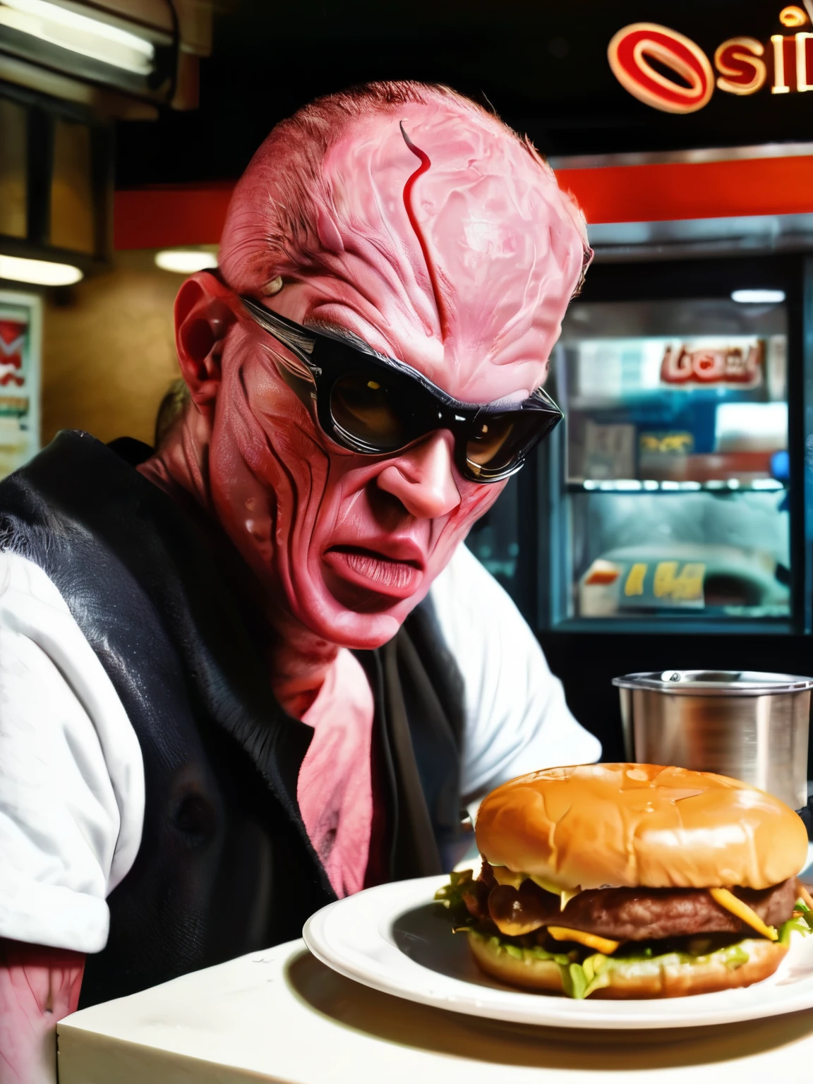 <lora:FleshmutantXLV4:0.95>,fleshmutant bodyhorror working at a fast food restaurant,<lora:xl_more_art-full_v1:1>,close up,, true to life, HDR image,High detail resolution,soft eyes,natural skin,high detailed face,high detailed cloth,film photography,vintage,cinematic lighting,realistic,sharp focus,(very detailed),((4K HQ)),depth of field,f/1.2,Leica,8K HDR,High contrast,shadows, bokeh,(detailed and realistic skin texture),(detailed clothing),(detailed background),detailed skin,(highly detailed skin),(8K HDR photo),realistic texture,realistic shadows,accurate to life,living image,lifelike