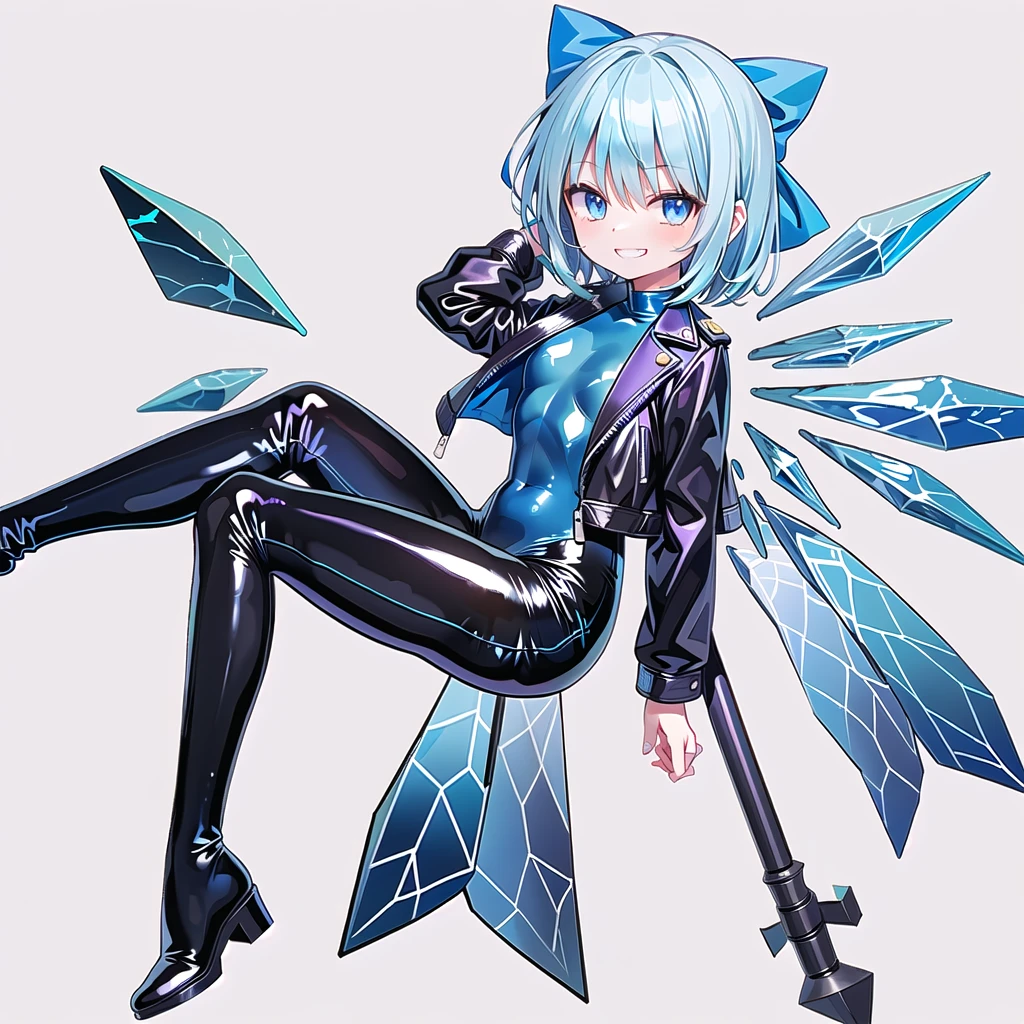 (((one girl))),(((one girl))),(((tanned cirno))), (touhou),(((short hair,blue hair))),ice wings,(((blue eyes))),(((bangs))),(((Black leather jacket))),(((blue full bodysuit))),((latex)), (shiny clothes:1.2),(((grin))),(((full body))),(((arm behind head))),((((simple white background))),(((from front)))