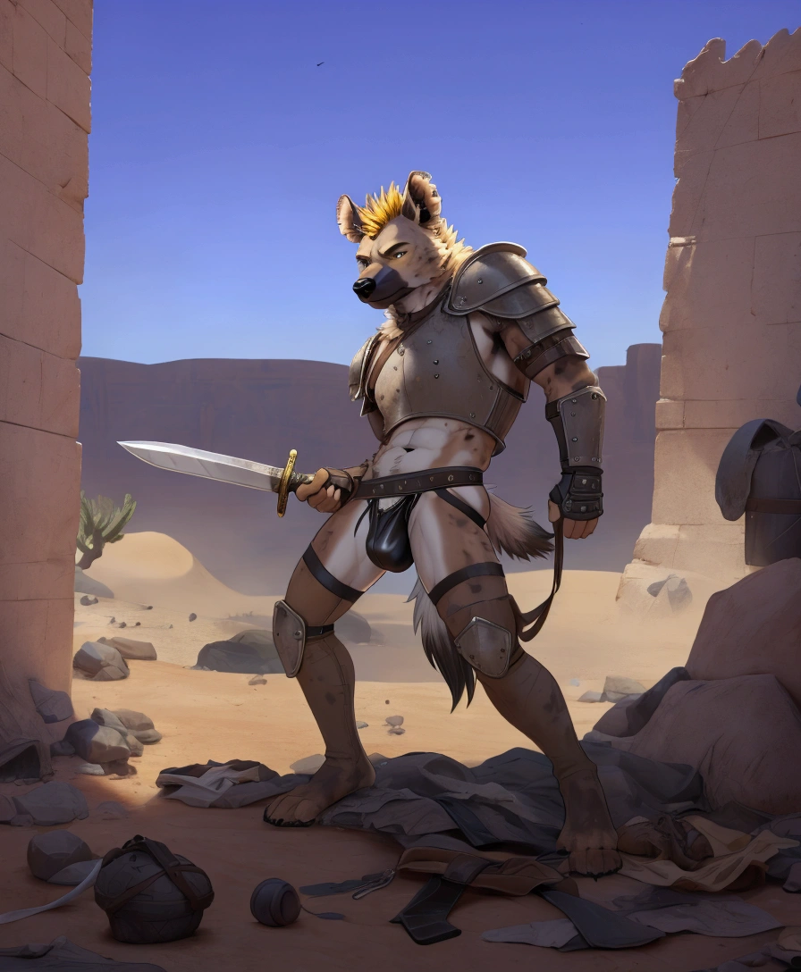 Solo y young anthro furry hyena male mercenary medieval solider, slim slim muscular, anthro handsome gay shorter muzzle, handsome gay model male apperance, sword scars, worn out leather skimpy armament, low on hips heavy leather belt, old very worn out skimpy dirty linen material jockstrap, old yellow dirty worn out stains on white sawn jockstrap, very visible "x" brown seam pattern on the jockstrap, studded skimpy armlets brete armor, skimpy breastplaather bondages, fingeeather gloves, smelly unwashed furr, dirty body look, desert battlefield, standing in sexy fighting positionlose view of full character