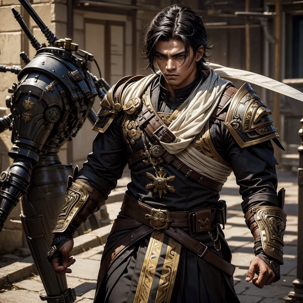 Create a muscular swordsman boy, attractive, black hair with Mexican features with brown skin, a military suit inspired by pre-Hispanic clothing. All in a style as if it were a genshin impact character
