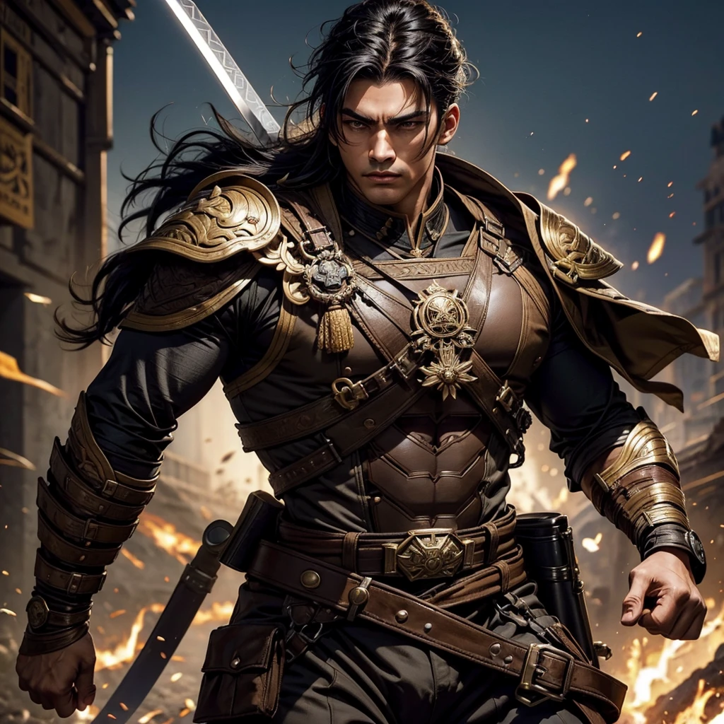 Create a muscular swordsman boy, attractive, black hair with Mexican features with brown skin, a military suit inspired by pre-Hispanic clothing. All in a style as if it were a genshin impact character