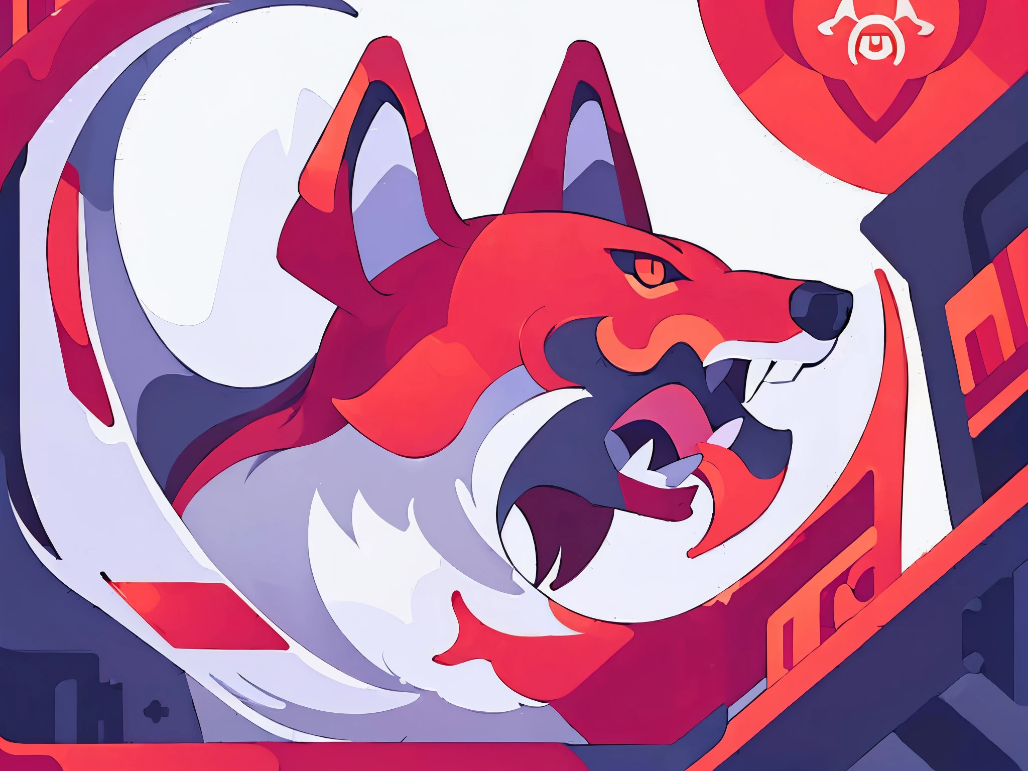 (((Red wolf))), (side profile view), stylized, anime, simple design, gaps between details, ((huge geometric shapes)), ((((clip art)))), (howling wolf), (fenrir), ((((NERV Logo)))), (((tribal tattoo style)))