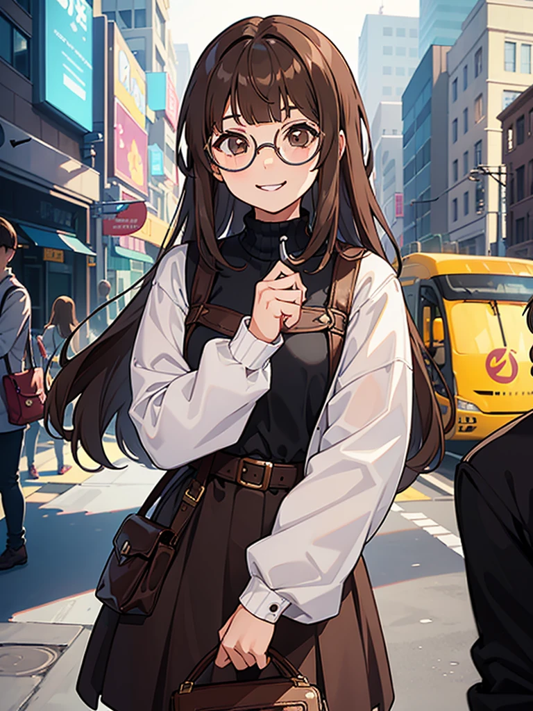 1 girl, medium construction, ((round glasses)), long brown hair, blunt bangs, Brown eyes, (((perverted smile: 1.2))), sexy look, modern, (((contemporary))), museum background