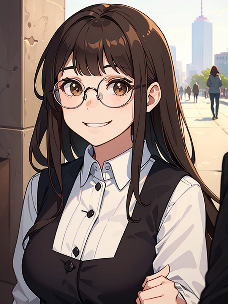 1 girl, medium construction, ((round glasses)), long brown hair, blunt bangs, Brown eyes, (((perverted smile: 1.2))), sexy look, modern, (((contemporary))), museum background