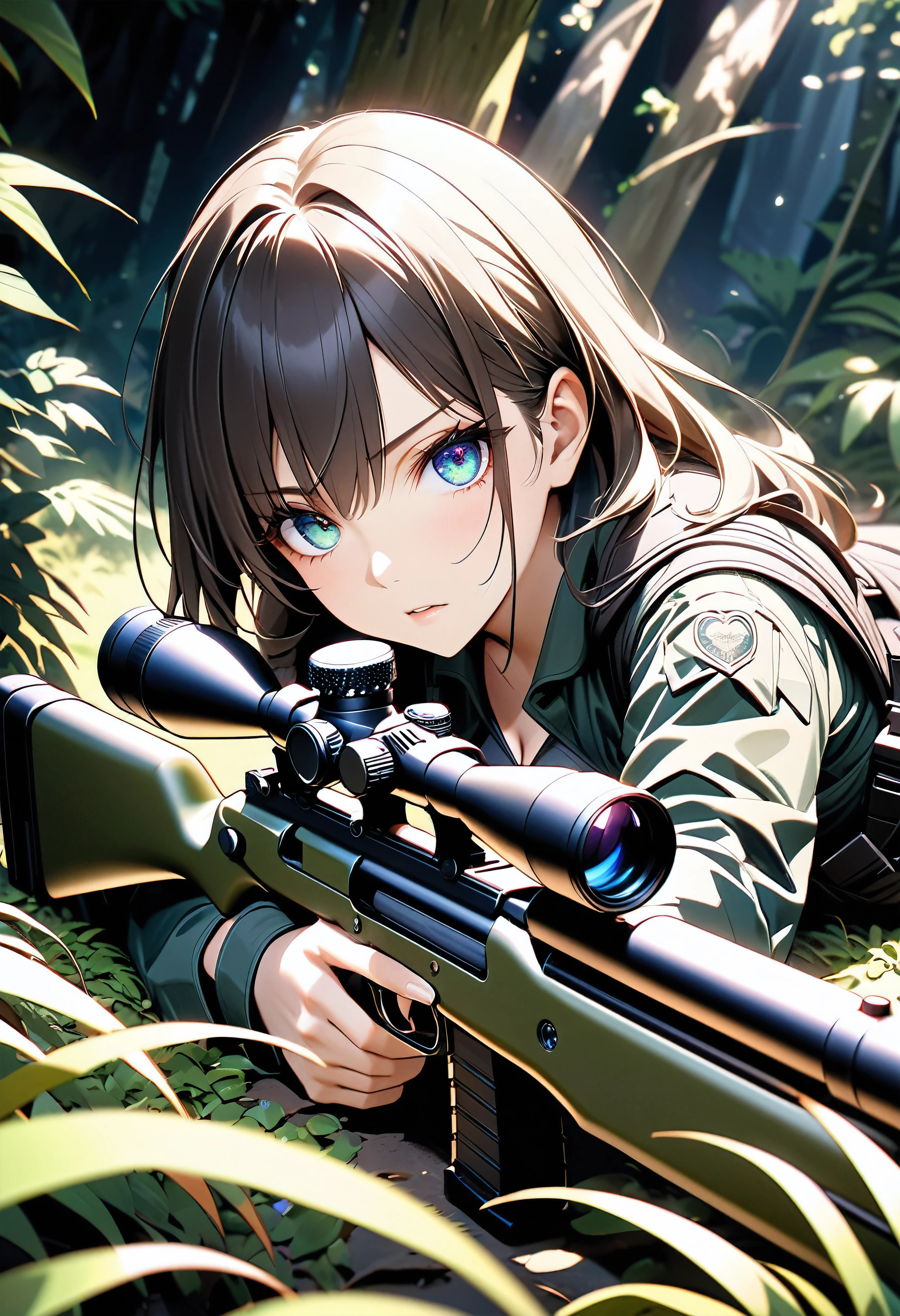 A gun aimed at the viewer, A female sniper hiding in the thickets of the jungle, Prone precision shooting, 
BREAK Tight combat uniform, Camouflage, Alluring cleavage, Stealth action that blends into the bush, 
BREAK gun muzzle pointed at viewer, Feminine charm depicted with absolute aesthetics, A silent jungle filled with tension, The hearts of viewers are shot through by the gun&#39;s aim, 
BREAK: Attractive eyes glaring at the viewer, Prone shooting that emphasizes the attractiveness of the breasts, gun muzzle pointed at viewer, A dynamic perspective with a sense of tension, 
BREAK, Detailed and precise, High-powered sniper rifle aimed at viewers, Attention to detail, 
BREAK Targeting your audience, Aesthetic Eyes Looking Through a Rifle Scope, Ultra-detailed and intricate textures, 
BREAK: Ruthless eyes that pursue the ultimate aesthetic, Point the muzzle at us, An extreme view of the inside of a gun barrel, 
BREAK Detailed and attractive skin texture, Extremely accurate shooting position, A realistic and tense sniper moment, The ultimate aesthetic, 
BREAK Professional spray work, Extremely detailed and intricate brushwork, Detailed and clear depiction, Absurd aesthetics, 
BREAK Simply Beautiful, A dark background that makes the subject stand out, Dramatic light and shadow, Cinematic lighting that aesthetically enhances the subject, 
BREAK Highest quality, Highest Resolution, Optimized Octane Rendering, super retina vision, 