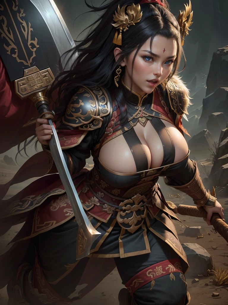 a woman with a large axe and a feathered head, inspired by Hu Zaobin, berserker potrait, guan yu, bian lian, sun wukong, mongol, inspired by Huang Shen, inspired by Li Gonglin, tai warlord, inspired by Wu Bin, wukong, inspired by Li Kan, naranbaatar ganbold, Highly detailed CG unit 8k wallpaper, masterpiece, High resolution, highest quality, highest quality real texture skin, Super Real, Digital Painting, Best image quality, 最High resolution, 8k, ((Highly detailed eyes and face, Beautiful eyes every detail)), 1girl, Full Body Shot, Saggy breasts, Gravity-dependent breasts, long chest, Heavy chest, disproportionate breasts, huge breasts, sagging breasts, gigantic breasts, erect nipple, Cleavage cut out, Look away, Gazing into the distance, ((open your mouth wide, stick out tongue, ahegao)), (evil smile, madness),