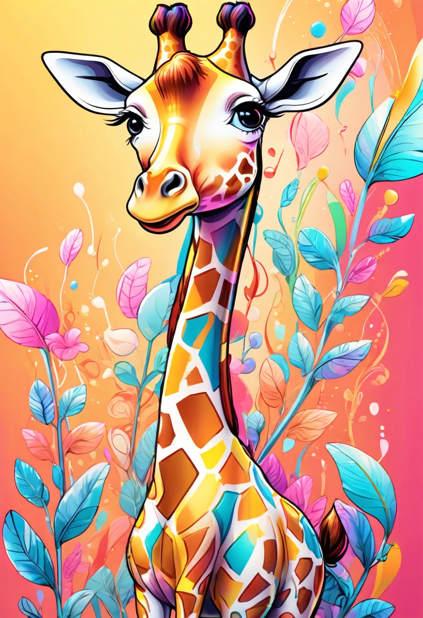 Anthropomorphic giraffe cartoon character, Detailed marker outline, One girl, cute, Anime Style, Dynamic pose, whimsical expression, Bright and vibrant colors, Dynamic Lighting, Digital Painting, masterpiece, (Highest quality,4K,8k,High resolution,masterpiece:1.2),Very detailed,(Realistic,photoRealistic,photo-Realistic:1.37)