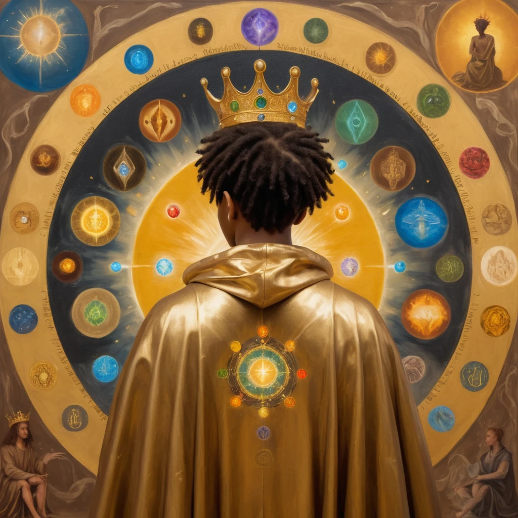 black boy with his back, shorth hair (scrached), with a crown on his head and a cedar, with a golden cloak with the 7 chakras, luxurious setting, and with art and beautiful elements. He looks and beholds the coosmic golden celestial realms, with astrology elements, renaissance painting, oil painting inspired by leonardo da vinci. 