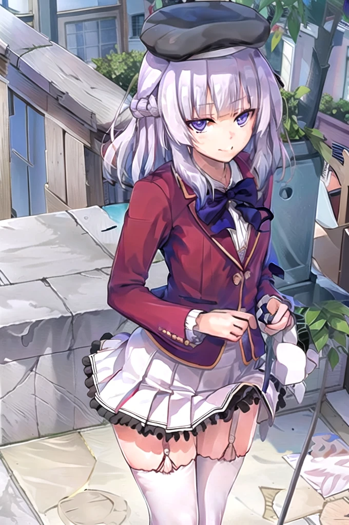 Masterpiece,Best Quality,very aesthetic,absurdities,high resolution,beautiful background,perfect anatomy,Perfect eyes,perfect and detailed face,1 girl,Alone, Sakayanagi, 1 girl, blunt bangs, by white, purple hair, purple eyes,killed, , Red jacket, collar shirt, bow tie, White skirt,white thighs,garter straps,garter belt,light smile,Upper part of the body,fountain_cheered up, screenshots,Leaning forward,put your index finger in your mouth,