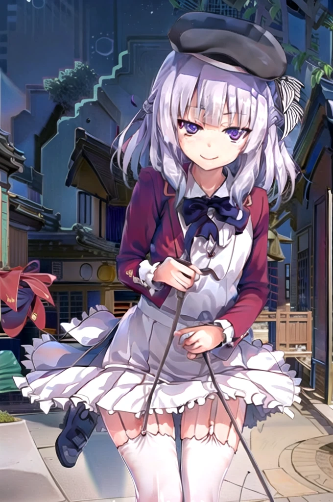 Masterpiece,Best Quality,very aesthetic,absurdities,high resolution,beautiful background,perfect anatomy,Perfect eyes,perfect and detailed face,1 girl,Alone, Sakayanagi, 1 girl, blunt bangs, by white, purple hair, purple eyes,killed, , Red jacket, collar shirt, bow tie, White skirt,white thighs,garter straps,garter belt,light smile,Upper part of the body,fountain_cheered up, screenshots,Leaning forward,put your index finger in your mouth,