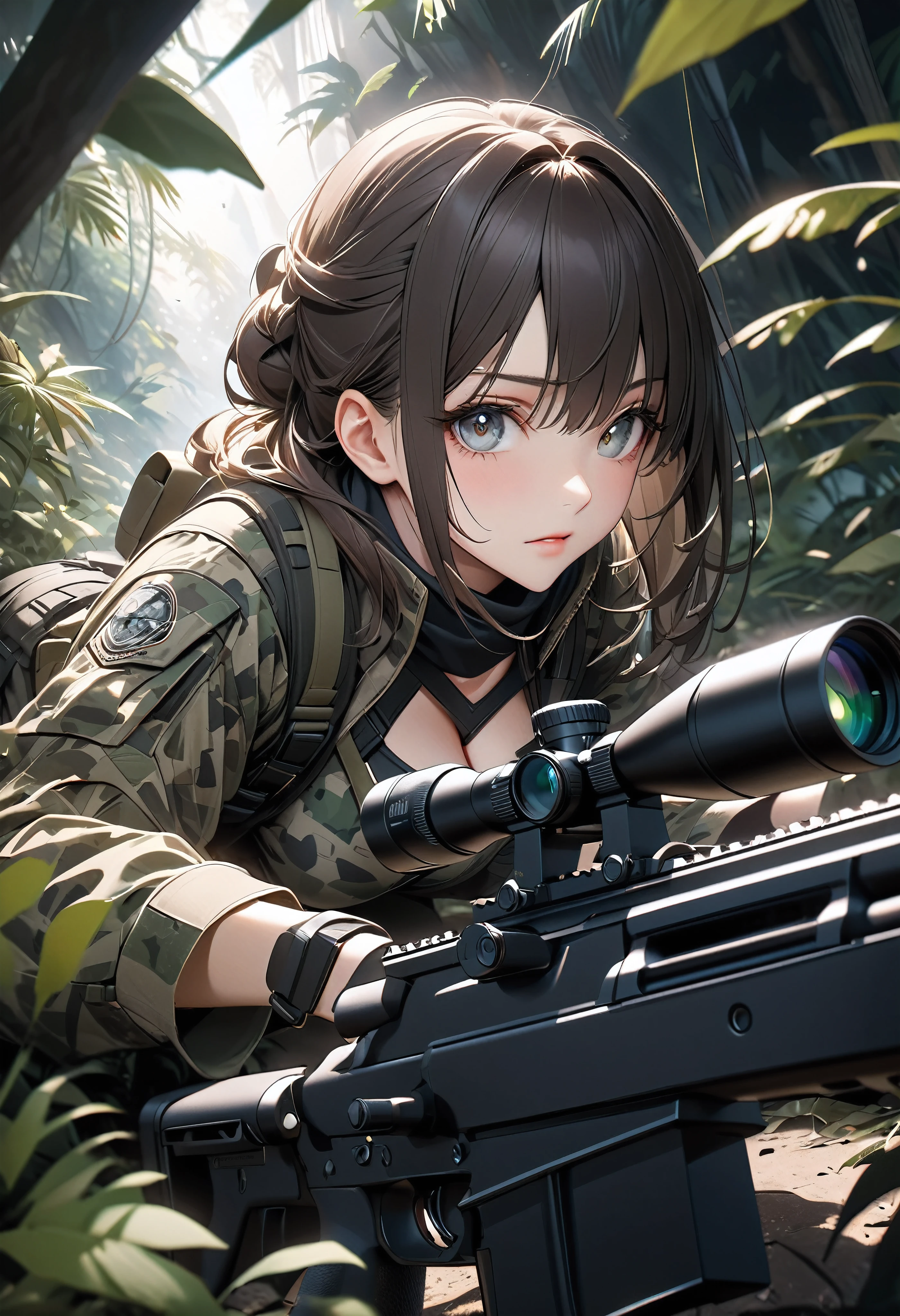 A gun aimed at the viewer, A female sniper hiding in the thickets of the jungle, Prone precision shooting,
BREAK Tight combat uniform, Camouflage, Alluring cleavage, Stealth action that blends into the bush, Anatomically correct sniper motion,
BREAK gun muzzle pointed at viewer, Feminine charm depicted with absolute aesthetics, A silent jungle filled with tension, The hearts of viewers are shot through by the gun's aim,
BREAK: Attractive eyes glaring at the viewer, Prone shooting that emphasizes the attractiveness of the breasts, gun muzzle pointed at viewer, A dynamic perspective with a sense of tension,
BREAK, Detailed and precise, High-powered sniper rifle aimed at viewers, Attention to detail,
BREAK Targeting your audience, Aesthetic Eyes Looking Through a Rifle Scope, Ultra-detailed and intricate textures,
BREAK: Cold, ruthless eyes that pursue ultimate clarity, Point the muzzle at us, An extreme view of the inside of a gun barrel,
BREAK Detailed and attractive skin texture, Extremely accurate shooting position, A realistic and tense sniper moment, The ultimate aesthetic,
BREAK Professional spray work, Extremely detailed and intricate brushwork, Detailed and clear depiction, Absurd aesthetics,
BREAK Simply Beautiful, A dark background that makes the subject stand out, Dramatic light and shadow, Cinematic lighting for dramatic subject emphasis, A fusion of aesthetics and impact,
BREAK Highest quality, Highest Resolution, Optimized Octane Rendering, super retina vision,