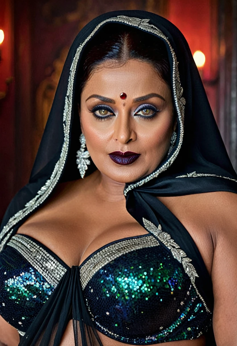 Looks like Aishwarya Rai, Big chubby aunty, milf, cougar lady witch, horny Gothic milf, 70 years old gorgeous mature lady, pervert demoness, demoness of lust, curvy, black lips, horny face, extremely gorgeous, thick figure, heavy physique, voluptuous, curvy, sexy figure, Fashionable portrait of androgynous alien looking witch wearing veil, glowing eyes, futuristic design, minimal details, givenchy, photoreal, 200mm, hd, f/ 2.0, highly detailed, surreal, sexy beautiful evil woman, sexy bold sequin Saree with strapless Bra, chudail, Pishachini, horror genre, blood-thirsty enchantress, powerful female spirit, eerie, drop dead, in the style of red and blue, (intricate details, hyperdetailed:1.15) (skin texture:1.2), dark Moody tone, cinematic lighting, haunted place in background,
