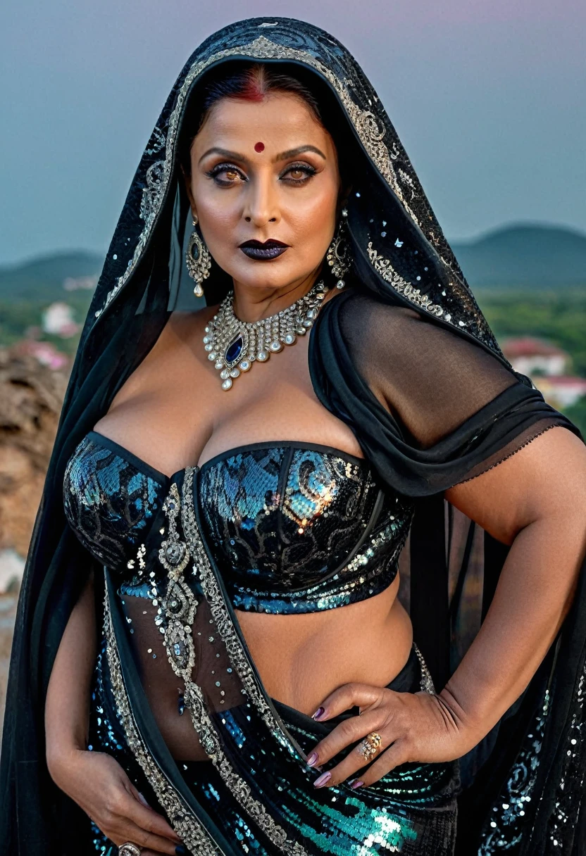 Looks like Aishwarya Rai, Big chubby aunty, milf, cougar lady witch, horny Gothic milf,  70 years old gorgeous mature lady, pervert demoness, demoness of lust, curvy, black lips, horny face, extremely gorgeous, thick figure, heavy physique, voluptuous, curvy, sexy figure, Fashionable portrait of androgynous alien looking witch wearing veil, glowing eyes, futuristic design, minimal details, givenchy, photoreal, 200mm, hd, f/ 2.0, highly detailed, surreal, sexy beautiful evil woman, sexy bold sequin Saree with strapless Bra, chudail, Pishachini, horror genre, blood-thirsty enchantress, powerful female spirit, eerie, drop dead, in the style of red and blue, (intricate details, hyperdetailed:1.15) (skin texture:1.2), dark Moody tone, cinematic lighting, haunted place in background, 