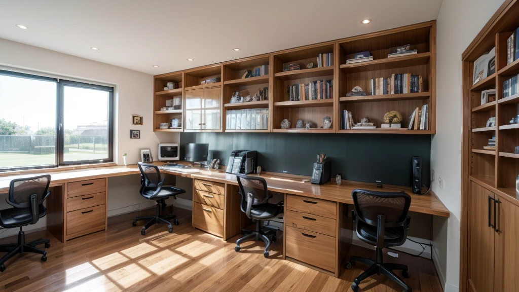 home office, moderno, clean, with a shelf with sports books, some football elements with ball, trophy, a modern picture