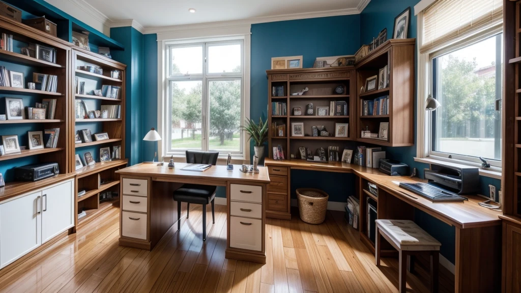 home office, moderno, clean, with a shelf with sports books, some football elements with ball, trophy, a modern picture