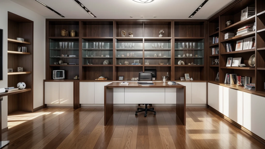 home office, moderno, clean, with a shelf with sports books, some football elements with ball, trophy, a modern picture