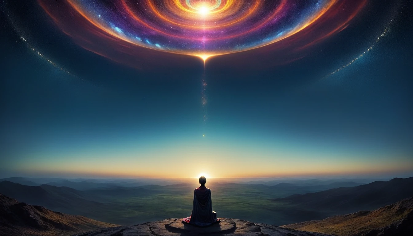 The art should be digital and contain surreal elements. In the center of the image, place a person looking at the horizon surrounded by a energy,dark image, feelings of déjà vu,person who sees past times,past lives sensation in soul xilogravura style,coloured bright images,spiritual feeling looking to spiritual universe